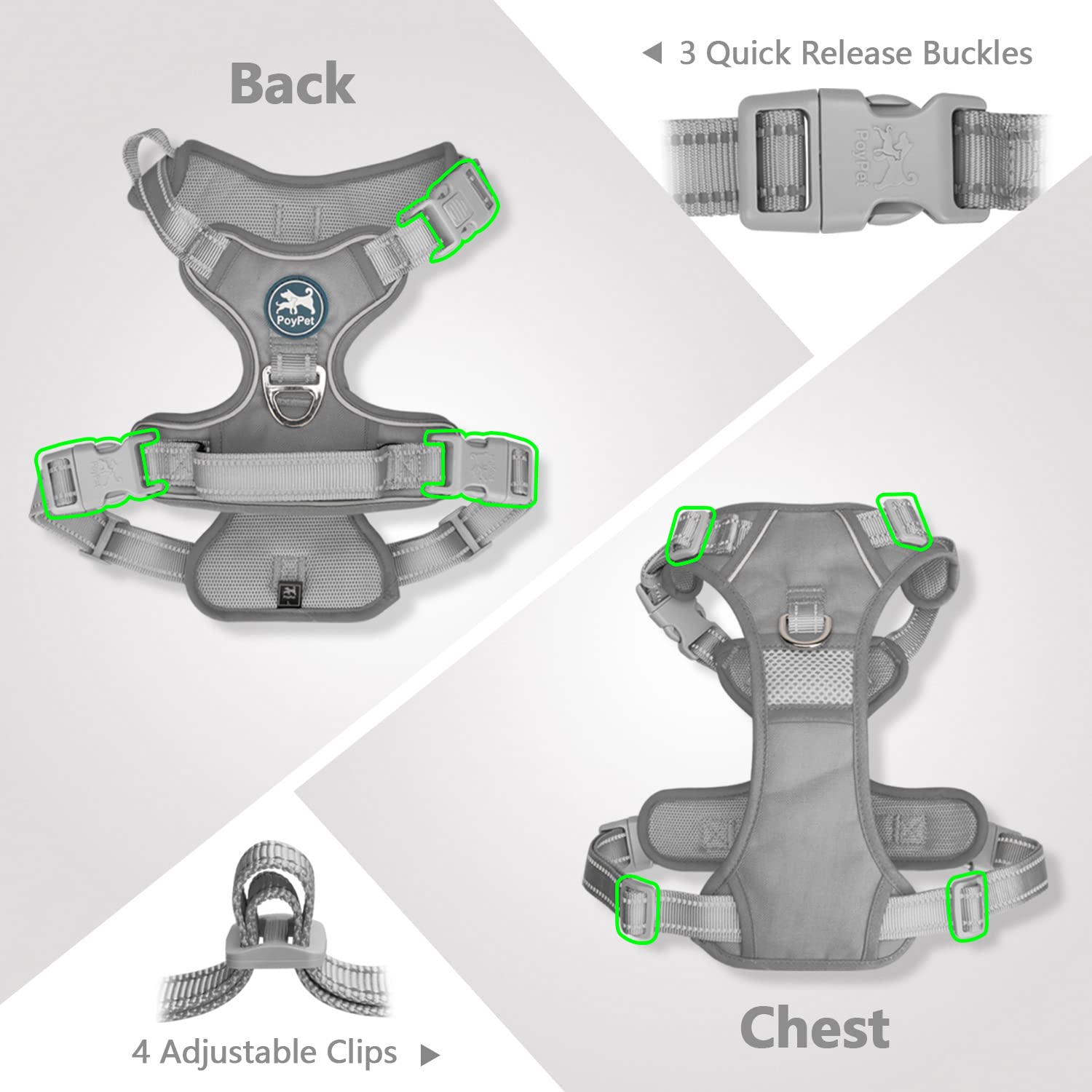 Poypet No Pull Dog Harness, No Choke Reflective Dog Vest, Adjustable Pet Harnesses With 2 Leash Attachments With Easy Control Padded Handle For Small Medium Large Dogs(Gray,L)