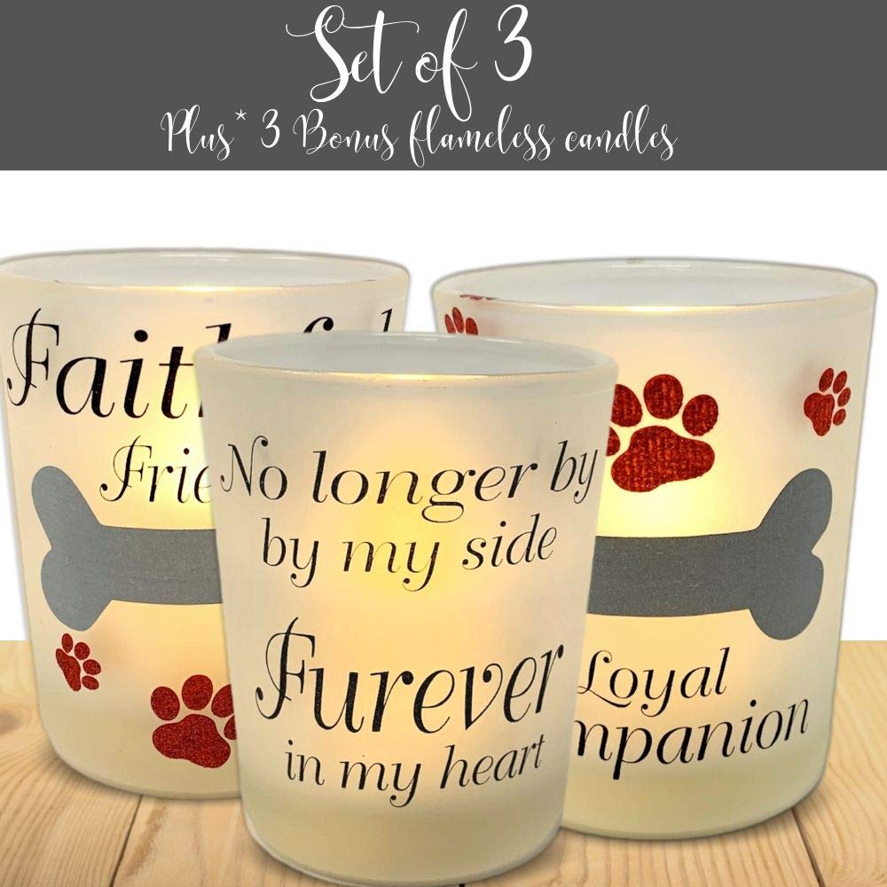 Dog Memorial LED Candle Holder Set of 3 with Pet Memorial Saying - No Longer by My Side Forever in My Heart and Each Includes an