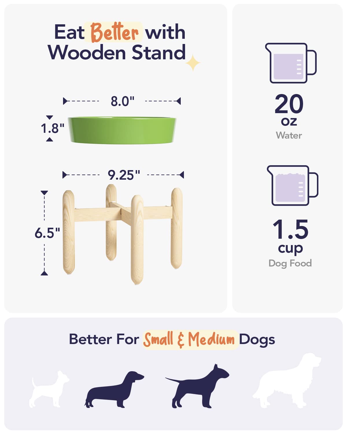 LE TAUCI Ceramic Slow Feeder Dog Bowls Elevated for Small and Medium Breed, Dog Bowls with Wooden Stand, 1.5 Cups Pet Dishes to