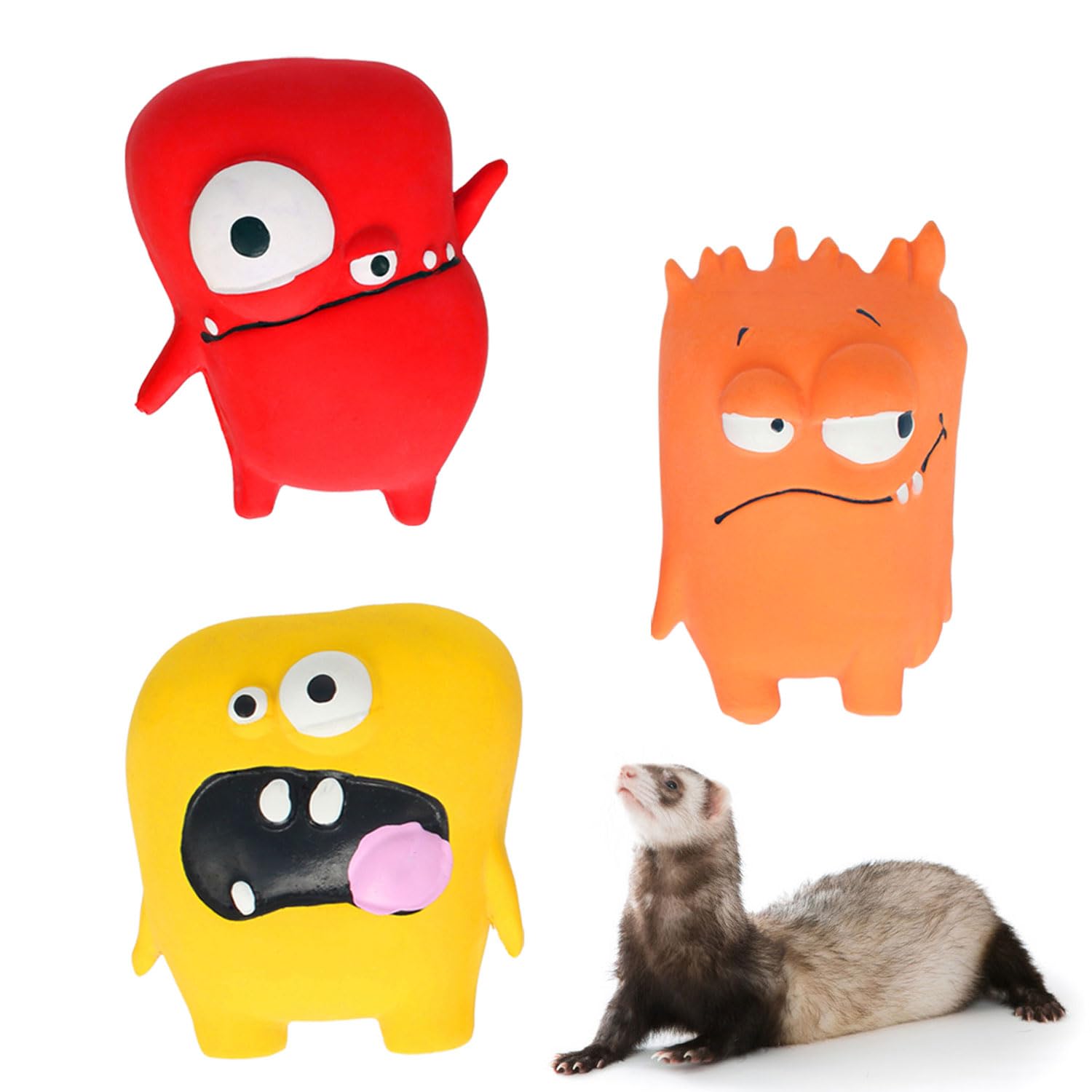 Kittail Squeaky Ferret Toys - 3 Pack Monster Teething Chew Toy With Squeaker. Made Of Natural Rubber. Ideal For Small Dogs, Rats
