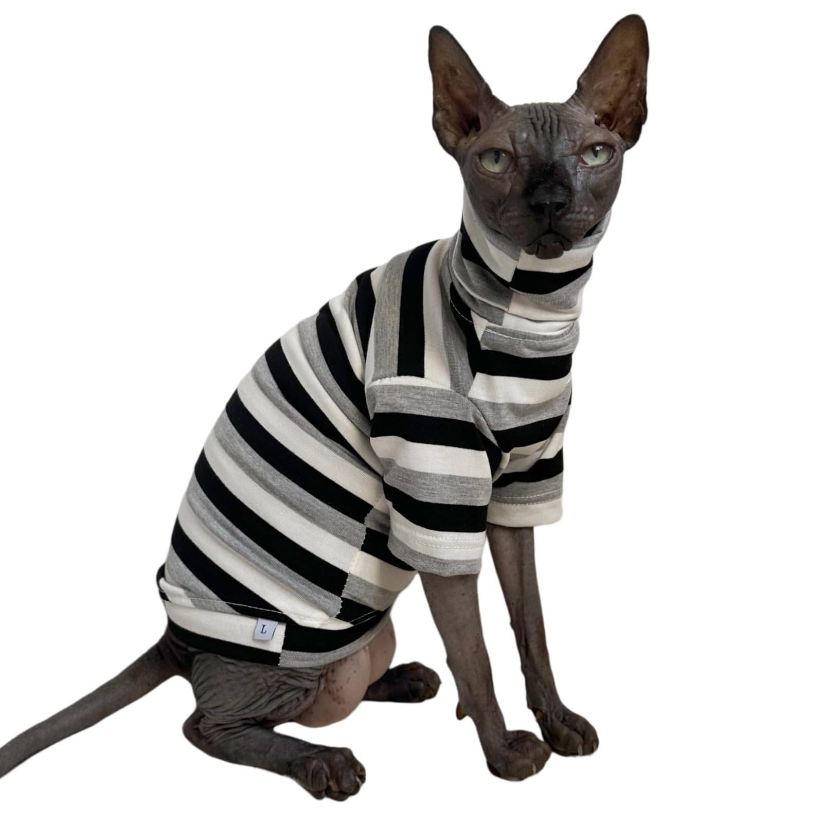 Vintage Stripes Sphynx Hairless Cats Shirt Cotton Cat Turtleneck Pet Clothes Kitten T-Shirts With Sleeves For Sphynx Cats (Black