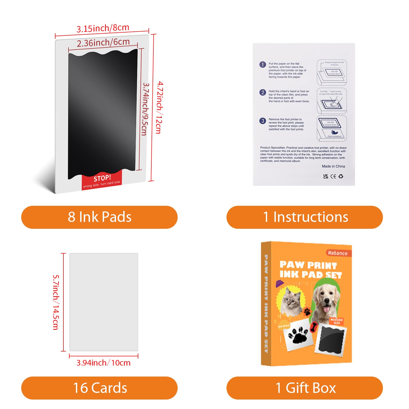 Nabance Paw Print Kit - 8 Inkless Print Pads & 16 Imprint Cards for Dogs & Cats - Black, Perfect for Small & Medium Pets