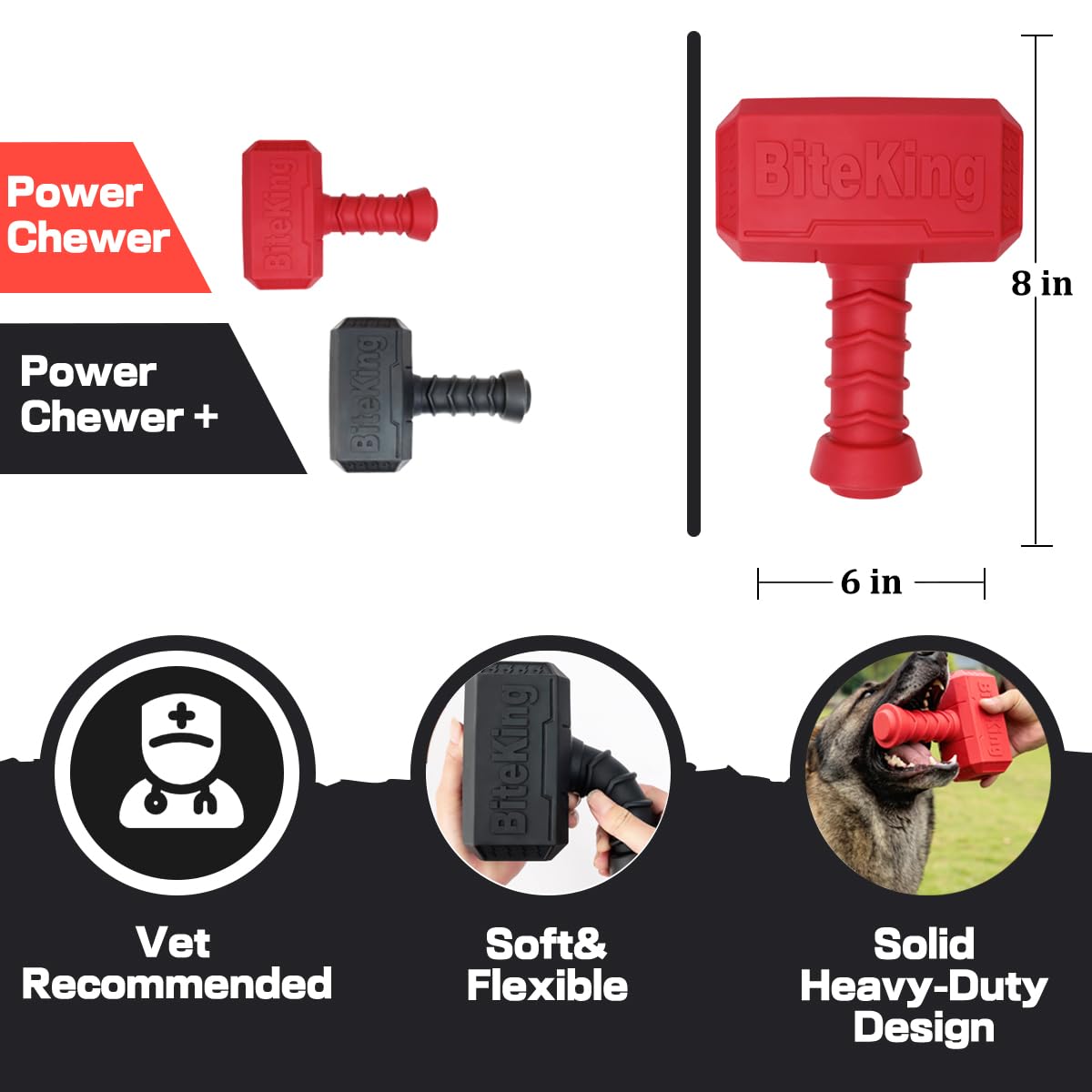BiteKing Dog Toys for Aggressive Chewers, Natural Rubber Indestructible Fetch & Treat Toy for Large Dogs, Durable Hammer Dog Che