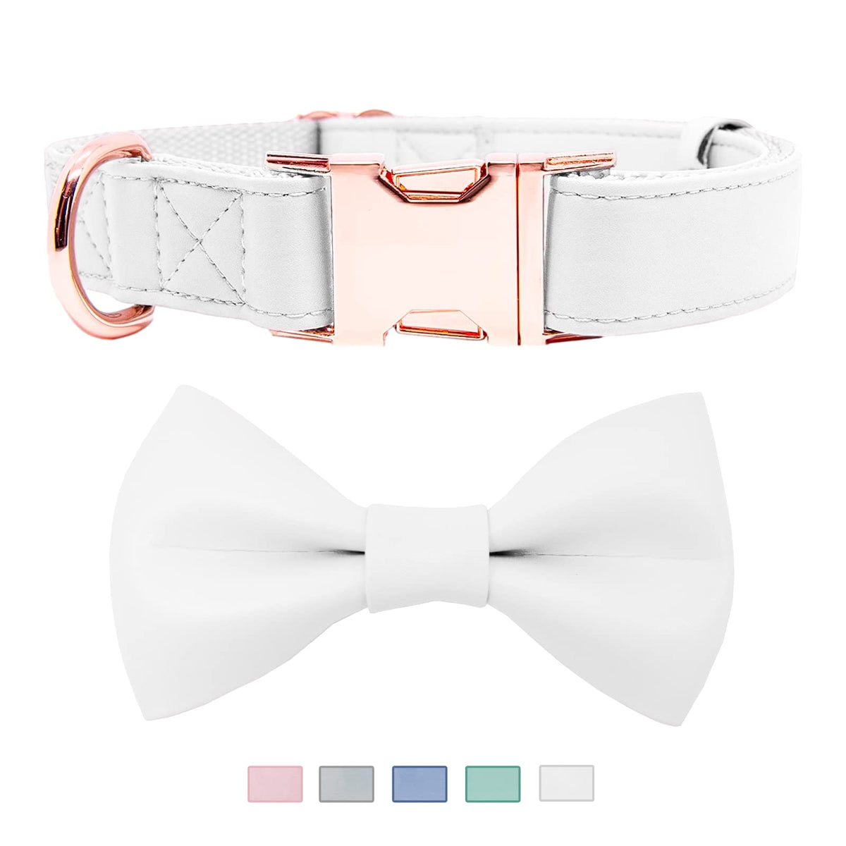 Soft Leather Bowtie Dog Collar - Adjustable Cute Bow Tie Collar [Easy To Clean] With Stylish Rose Gold Heavy Duty Metal Buckle For Small Medium Large Dogs White S