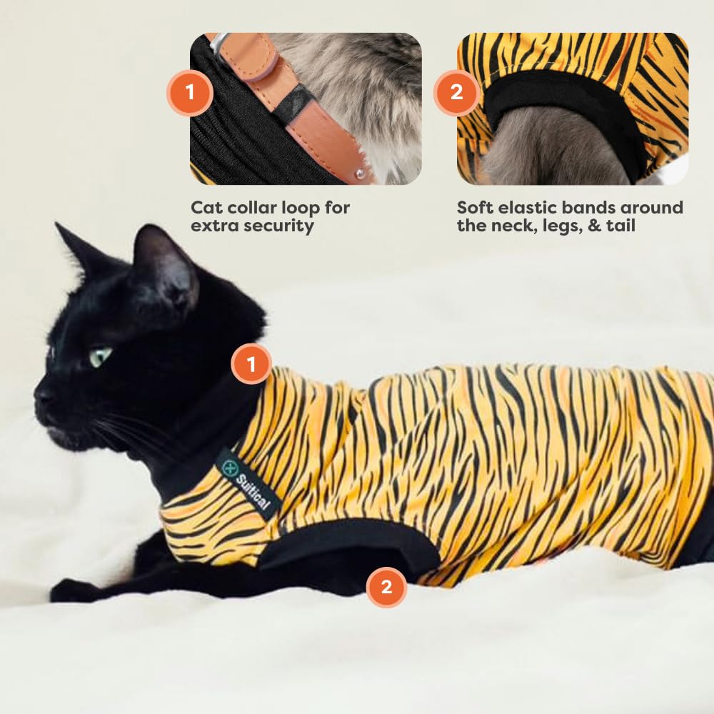 Suitical Cat Recovery Suit For Spay, Neuter, Suture, Incision, & Skin Conditions - Breathable Fabric With Back Opening - Xs, Tig