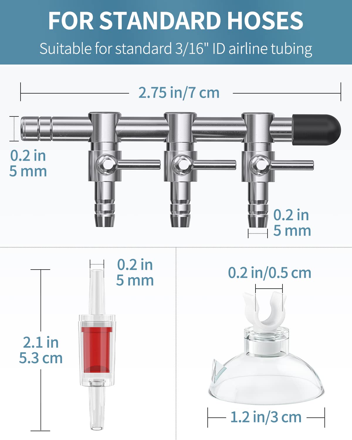 Pawfly 3-Way Aquarium Air Flow Control Lever Valve Manifold For Air Pumps Fish Tank Multi-Port Distributor Splitter With 3 Non-Return Check Valves And 4 Suction Cup Clips