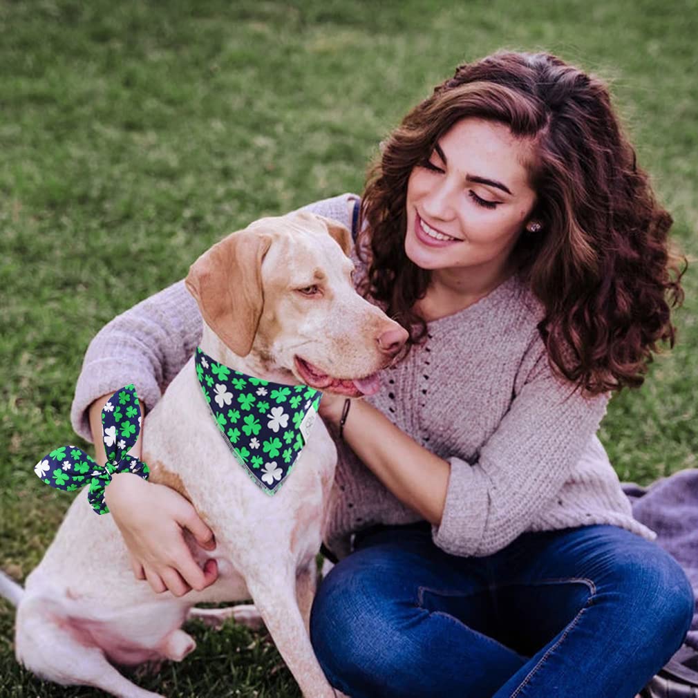 E-Clover Spring Dog Bandana & Matching Scrunchie Set Shamrock Lucky Dog Bandanas Scarf With Bow Hair Ties For Medium Large Dogs