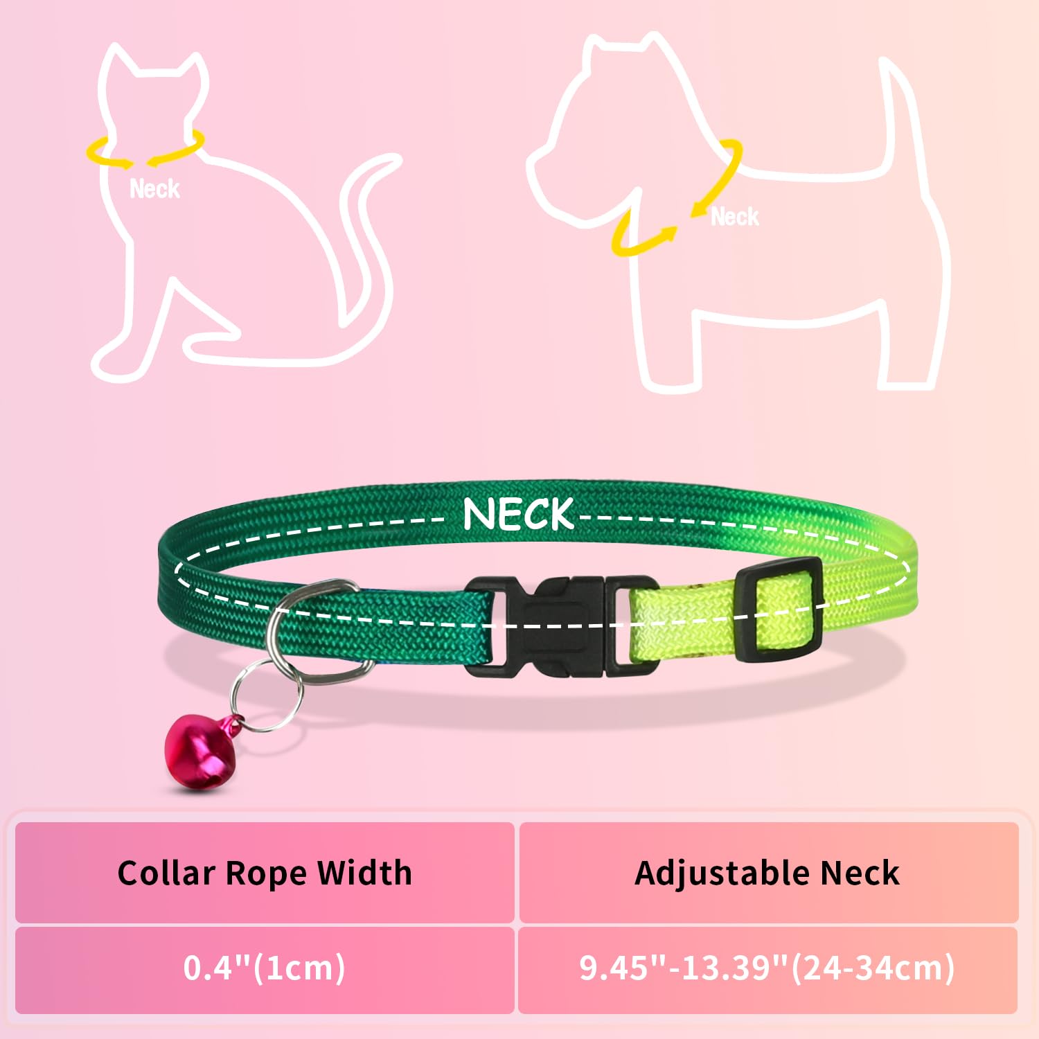 Hypeety Personalized Rainbow Embroidered Kitten Cat Collar With Bell For Girl Boy Pet Cats And Puppy, Safety Buckle Kitten Colla
