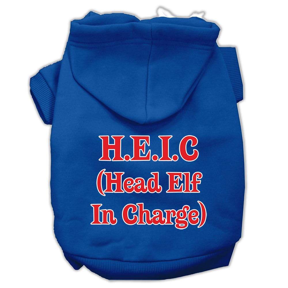 Christmas Pet Dog & Cat Hoodie Screen Printed, Head Elf in Charge Blue XS (0-3 lbs.)