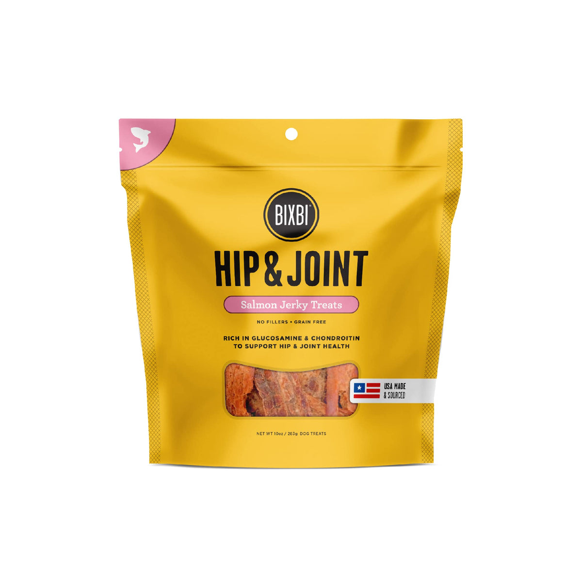 Bixbi Hip & Joint Support Salmon Jerky Dog Treats, 10 Oz - Usa Made Grain Free Dog Treats - Glucosamine, Chondroitin For Dogs - High In Protein, Antioxidant Rich, Whole Food Nutrition, No Fillers