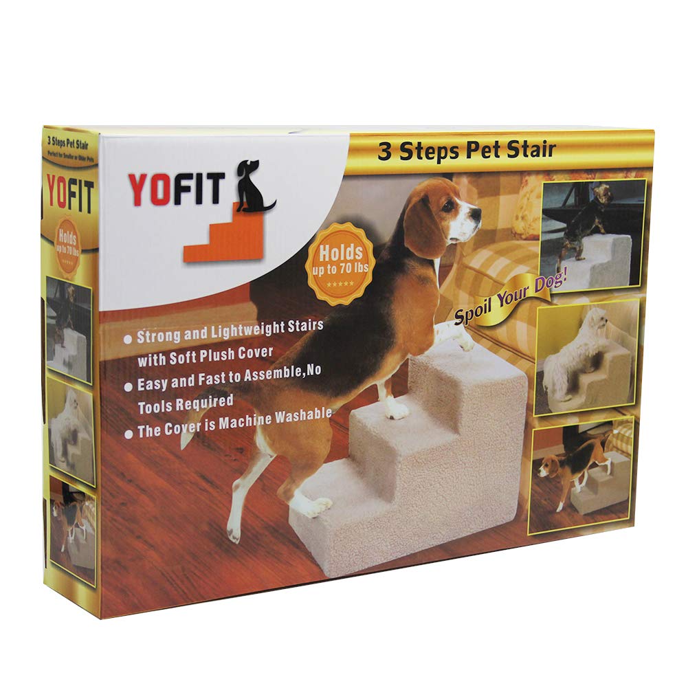 YOFIT Non-Slip Beige Doggy Steps - 3-Step Pet Stairs for Dogs, Holds Up to 50 lbs, Medium Size
