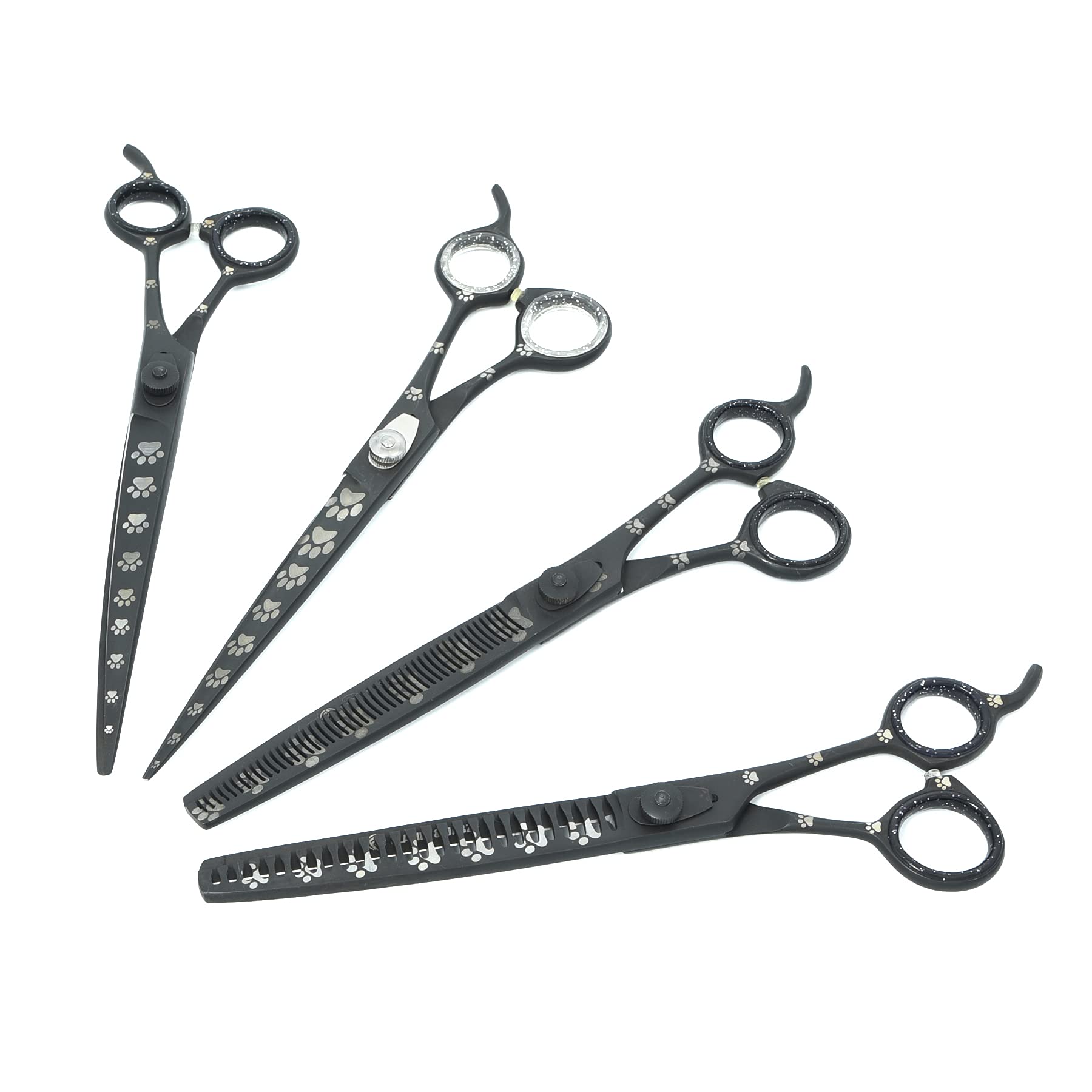 Professional Dog Grooming Scissors Set of Straight, Curved, Thinner/Blender and Chunker Shears with Paw Prints for Dogs, Cats & 