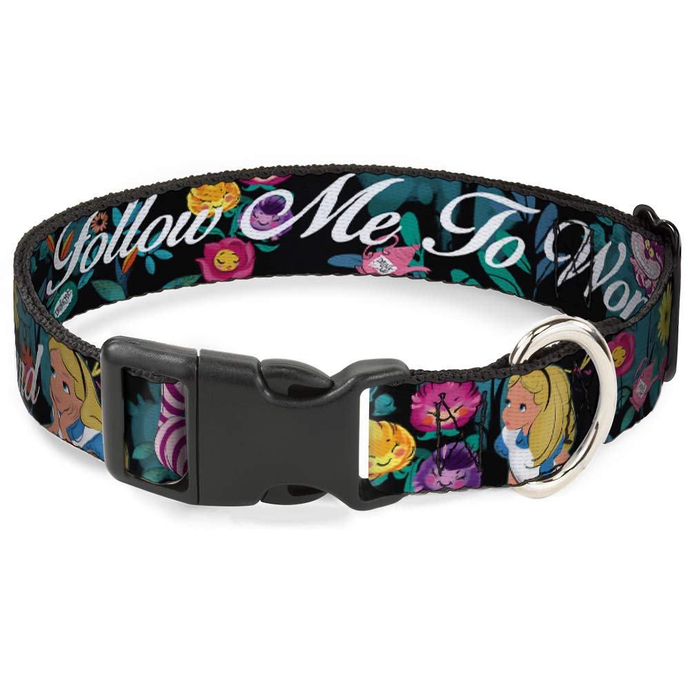 Buckle-Down Alice/Cheshire Cat/Flowers Poses2/Follow Me To Wonderland Plastic Clip Collar, Narrow Medium/7-13''