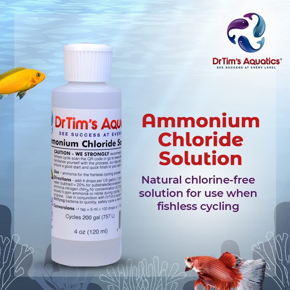 DrTims Aquatics Ammonium Chloride Solution for Fishless Cycling: 2 oz., Treats 100 gal. - Fish Tank Cleaner for Saltwater, Fresh