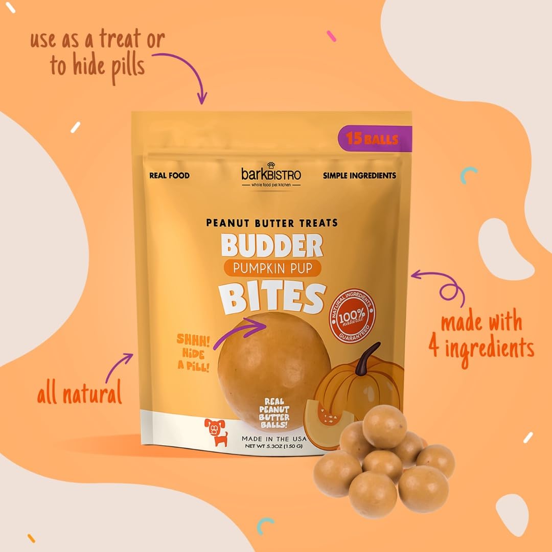 BUDDY BUDDER 3pk Bites, Natural Peanut Butter Dog Treats (Pumpkin, Bacon, & Berry Flavor), Soft Peanut Butter Ball Treat or Use