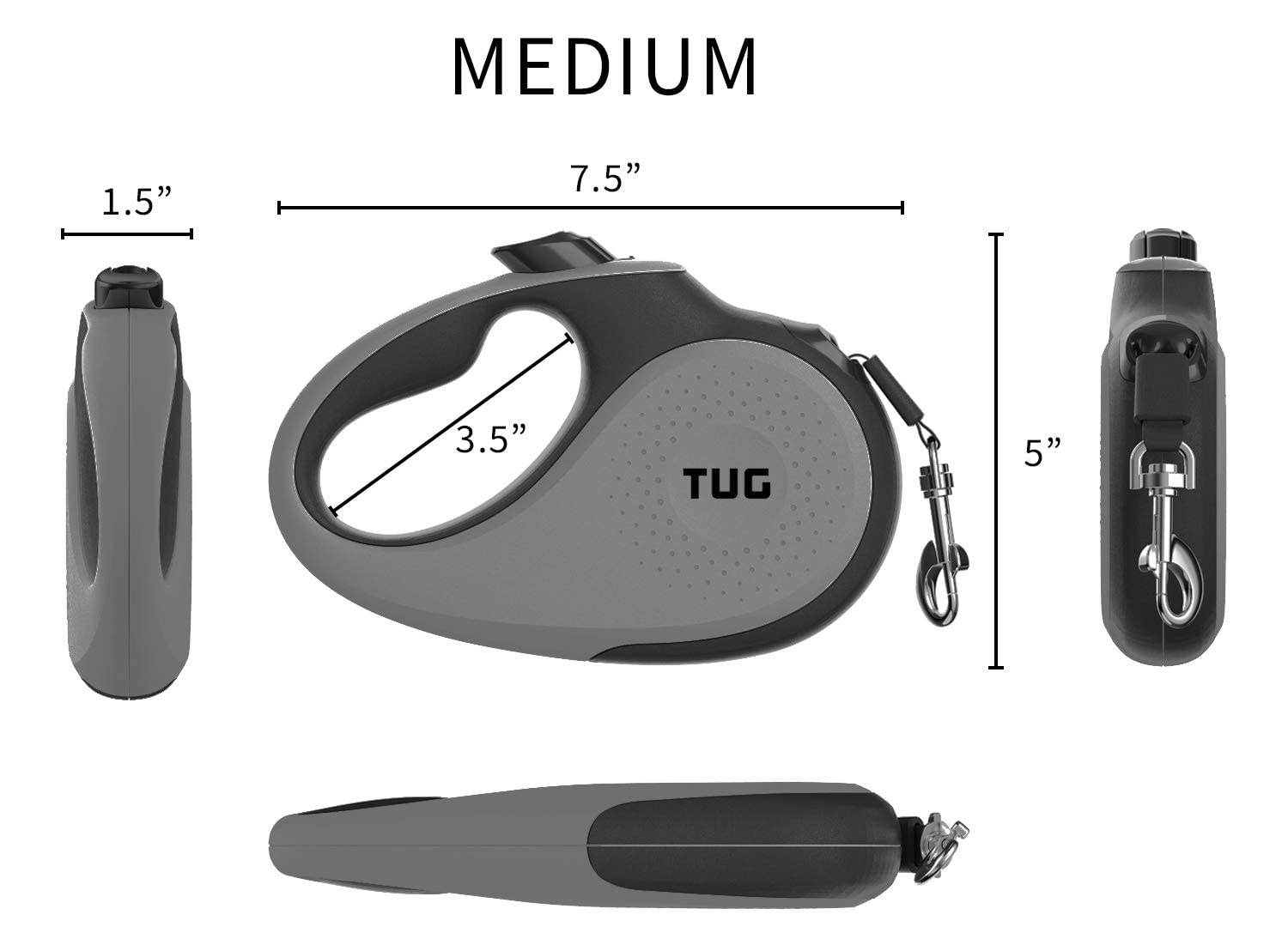 TUG 360° Tangle-Free Retractable Dog Leash, Medium Grey with Waste Bag Dispenser - Perfect for Active Dogs