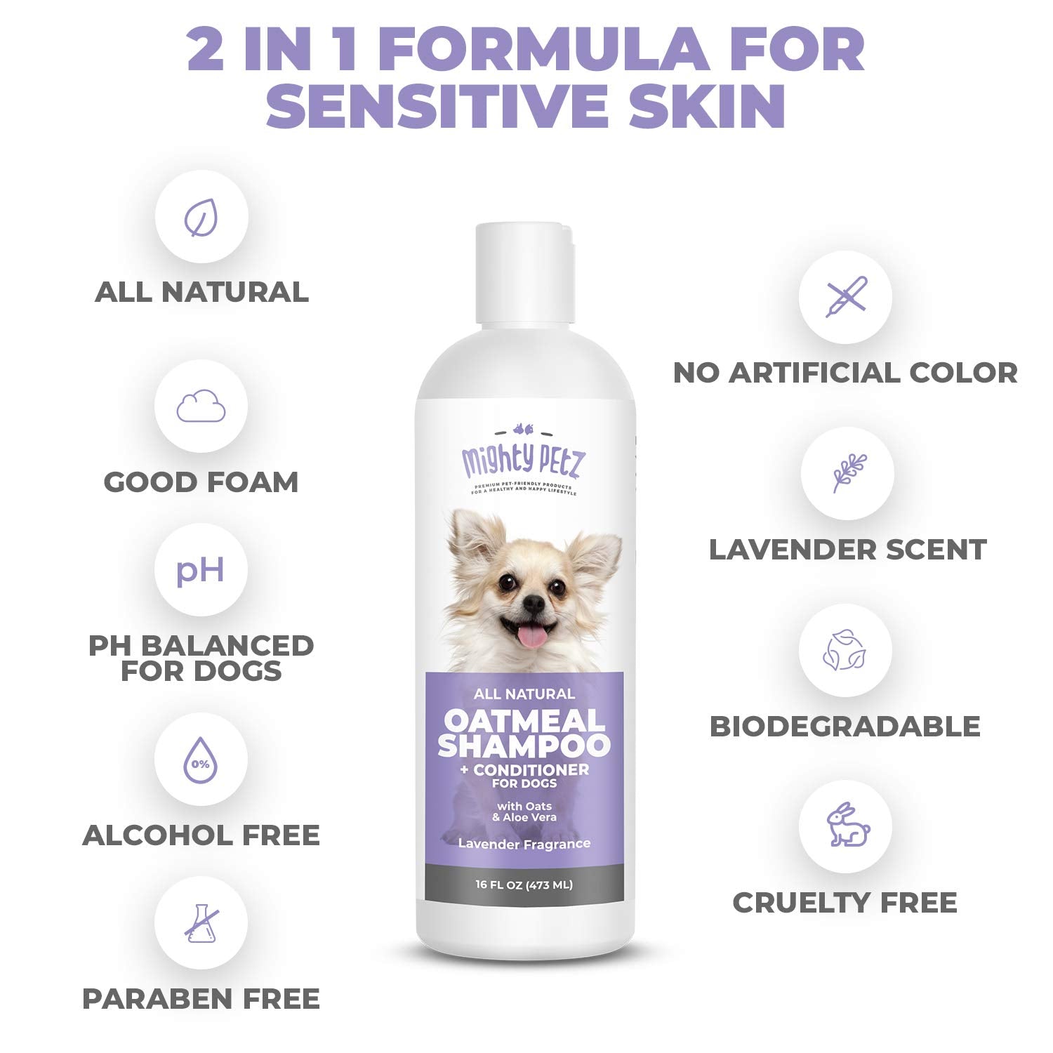 Mighty Petz 2-In-1 Oatmeal Dog Shampoo And Conditioner - Dog Shampoo Sensitive Skin For Dog'S Itchy Dry Skin With Soothing Aloe Vera + Baking Soda + Ph Balanced. Get Smelly Dogs Coat Fresh, 16 Oz