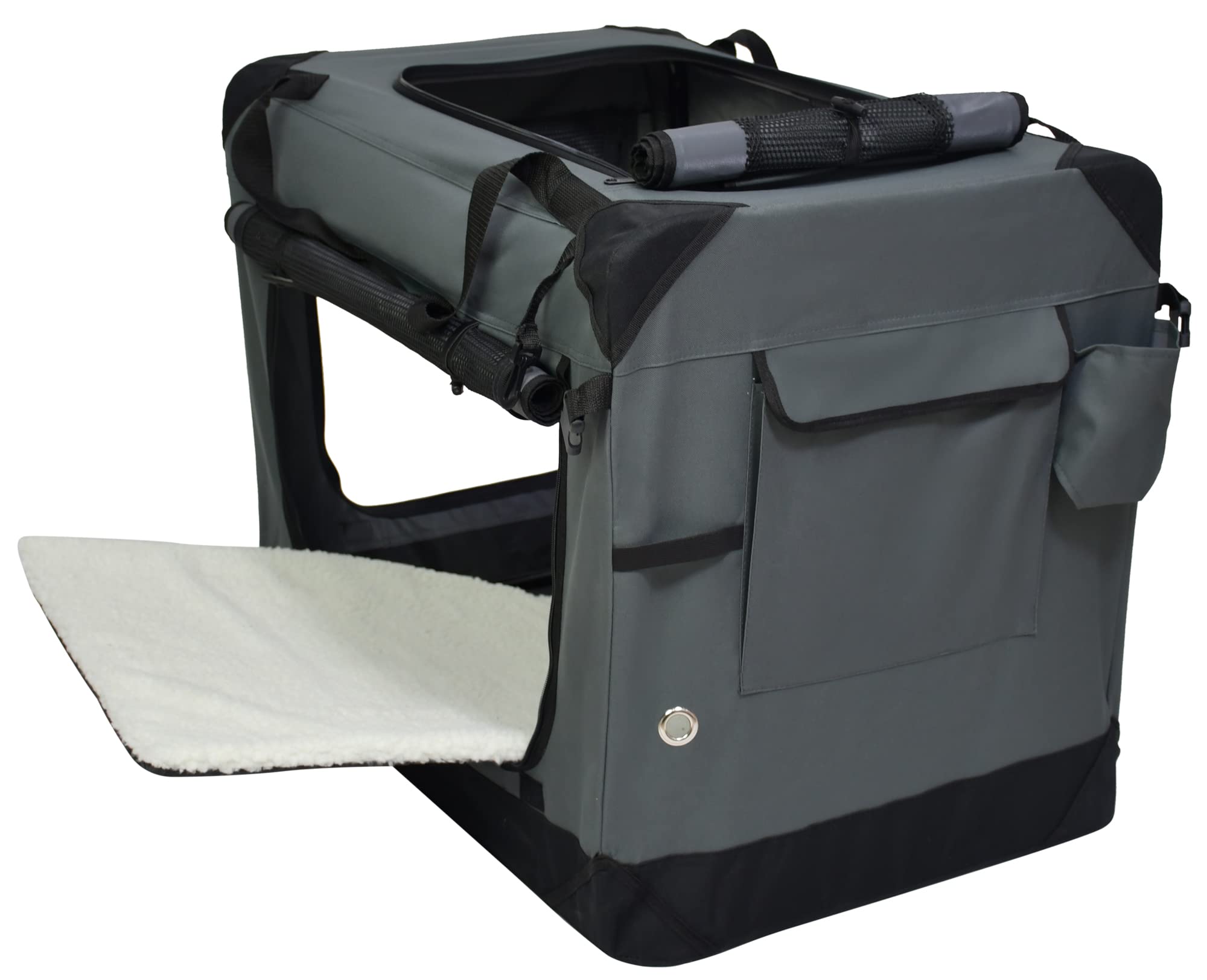 Elitefield 4-Door Folding Soft Dog Crate With Curtains, Carrying Bag And Fleece Bed (2 Year Warranty), Indoor & Outdoor Pet Home (30' L X 21' W X 24' H, Gray+4 Door Curtains)