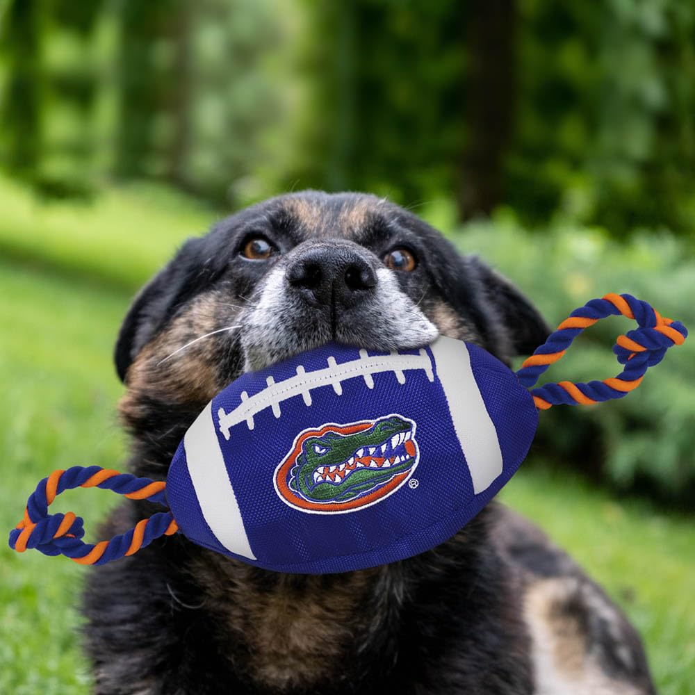 Pets First NCAA Florida Gators Football Dog Toy, Tough Quality Nylon Materials, Strong Pull Ropes, Inner Squeaker, Collegiate Te