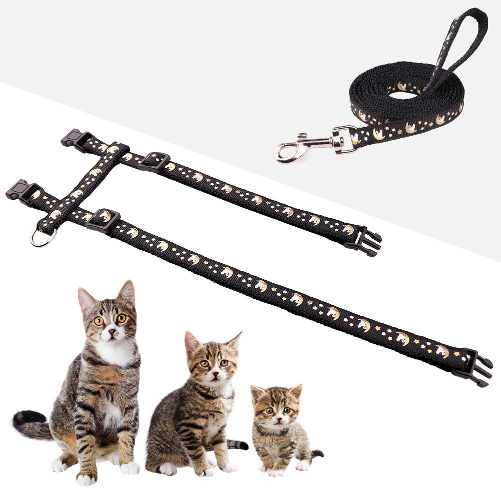 Cat Harness And Leash Set Gold Moons Stars Soft Nylon Escape Proof Adjustable For Kittens Small Animals Glow In The Dark (Black)