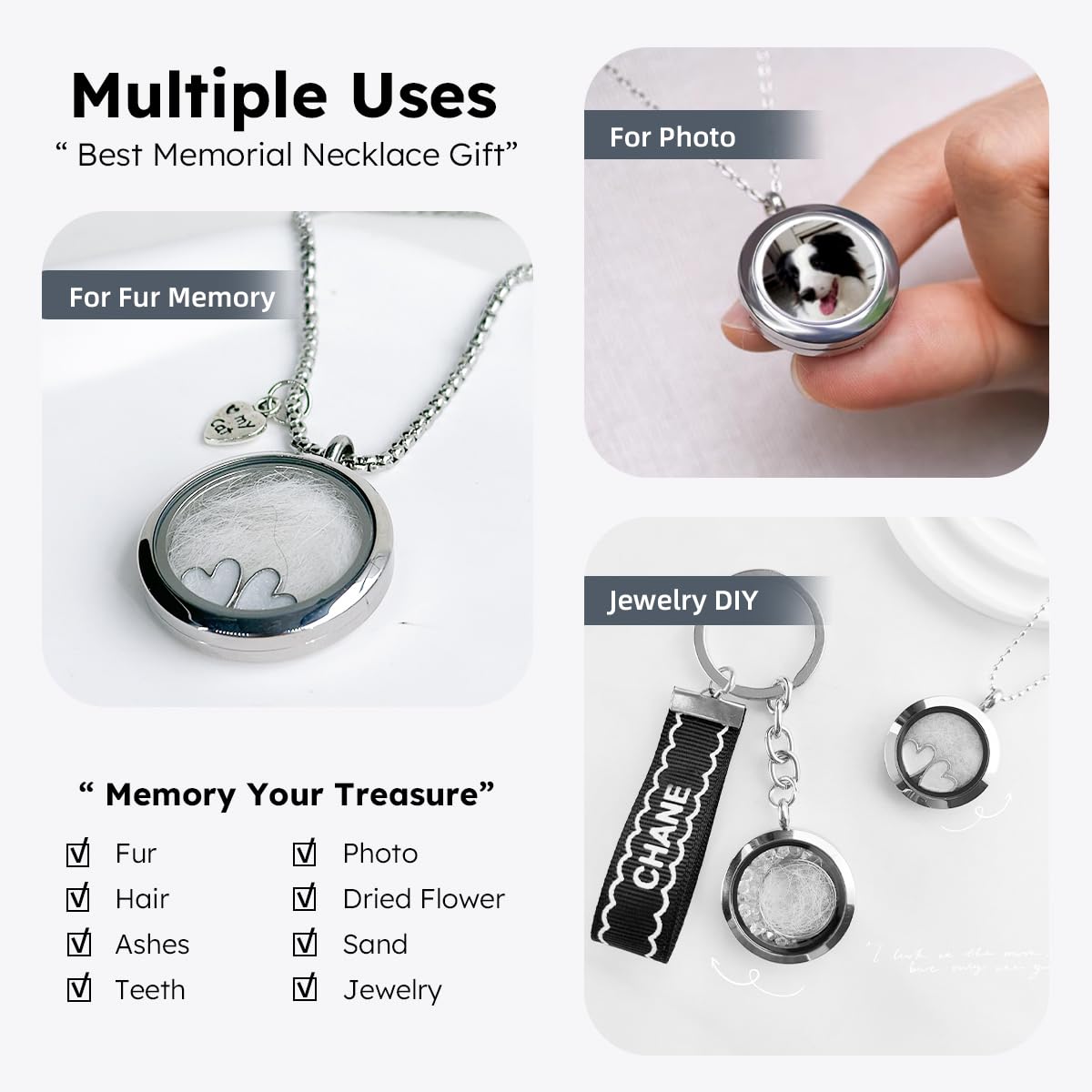 Lifelisa Pet Fur Memorial Necklace, Cat Hair Ashes Keepsake Necklace, Small Pet Urn Pendant Vial Necklace For Ashes, Dog Fur Mem