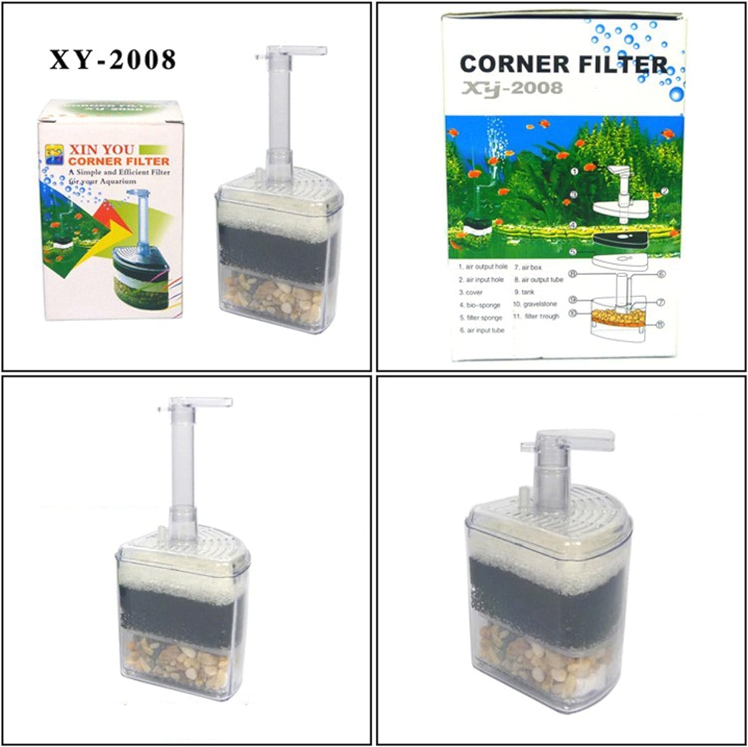 AquaCity XINYOU Corner Filter Aquarium Fish Tank Internal Air Driven Filter with Media XY-2008