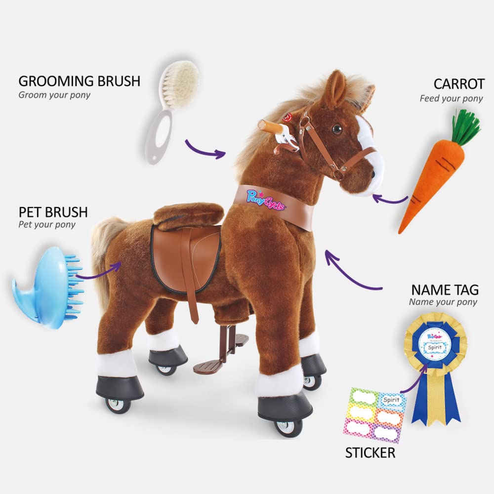 Ponycycle Horse Pony Toys Feed & Care Grooming Kit, 5 Piece Assortment. Groming Brush, Pet Brush, Carrot, Sticker, Name Tag For Boys And Girls, For Model E, U And Model X