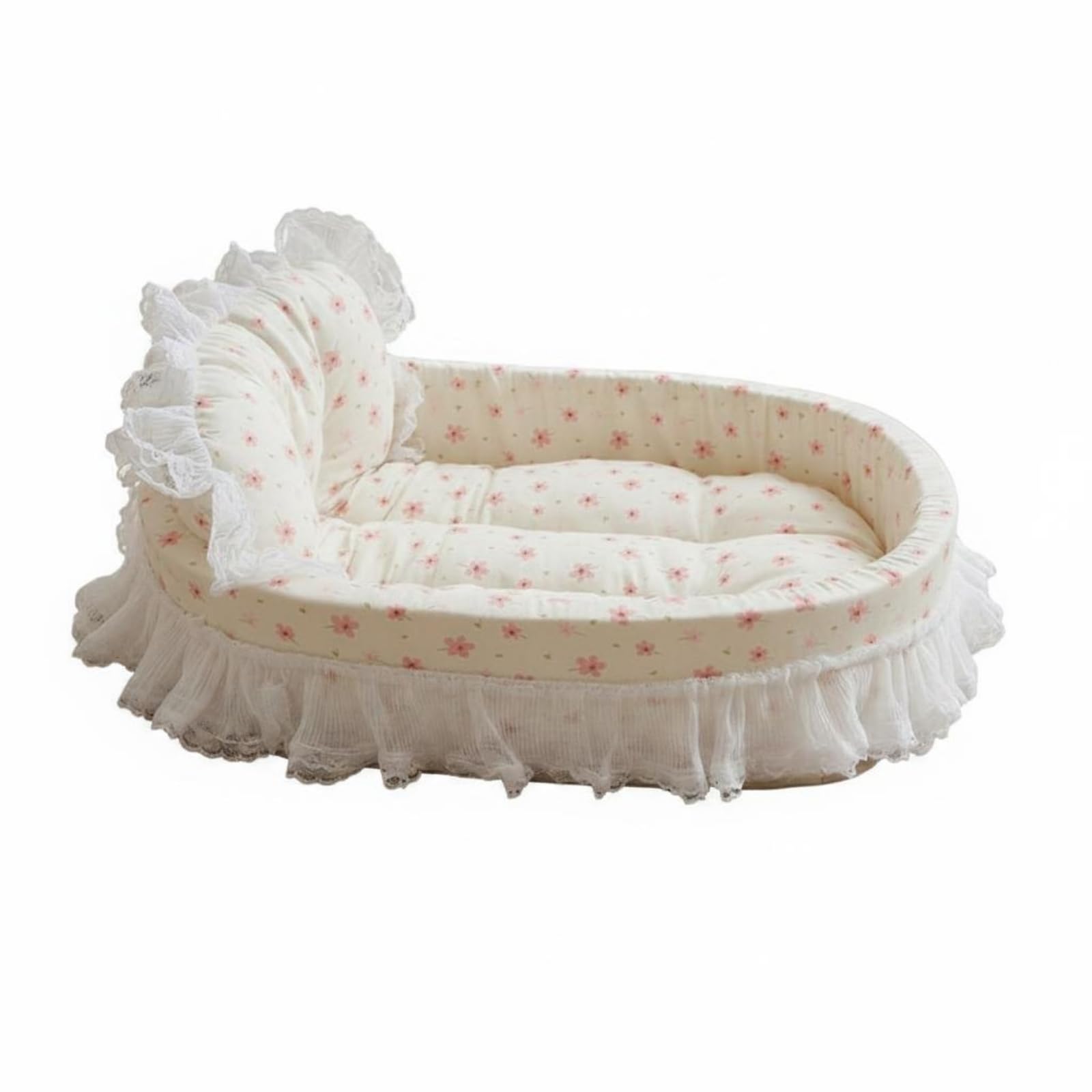STYLEHEAVEN Raised Side Bolsters BoatShaped Pet Bed Mesh Lace Ruffle Trim Side Cushion Pet Bed Patchwork Design Sleeping Cushio