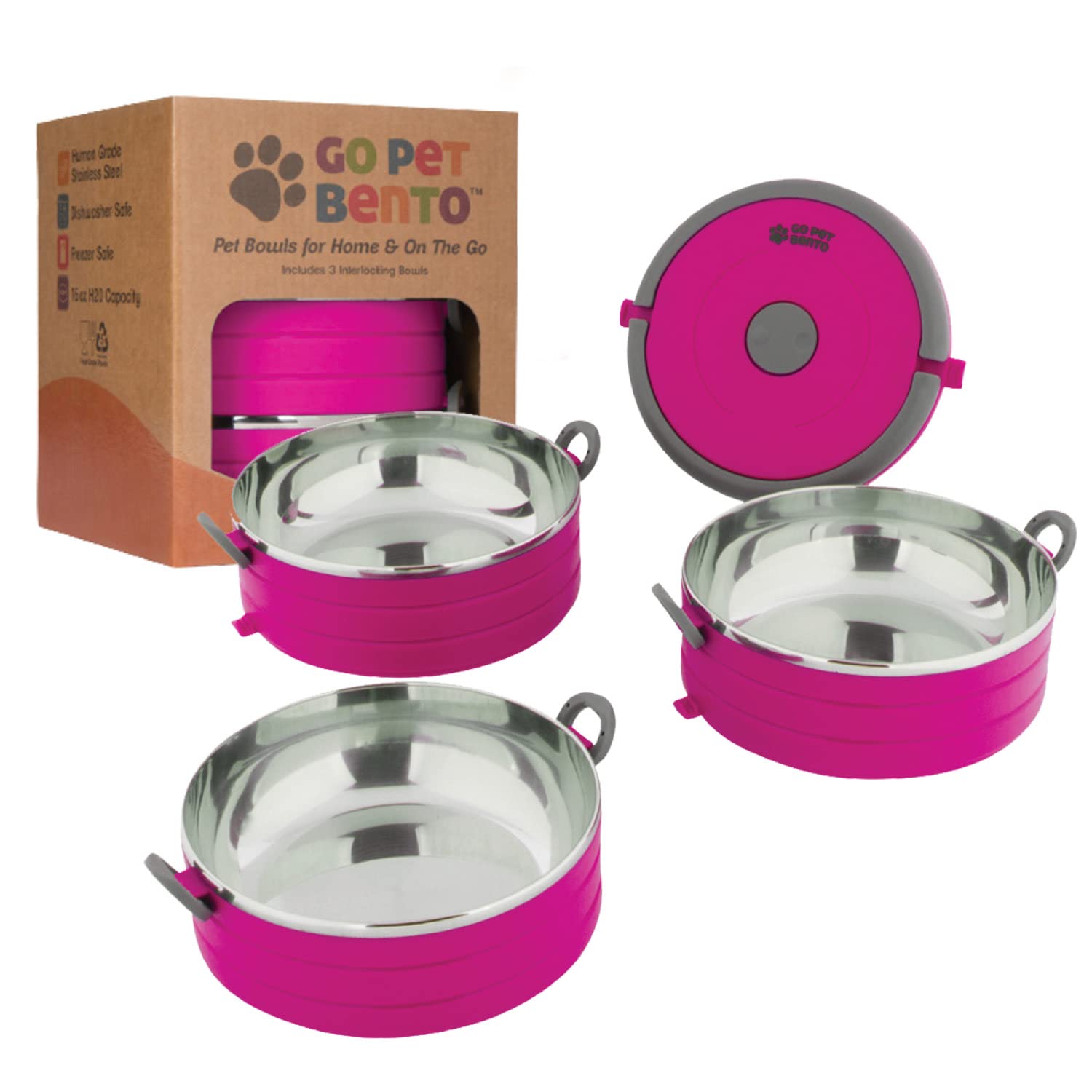 Healthy Human Travel Dog Bowls, Stainless Steel Portable Bento Bowls, Interlocking Set of 2 Bowls with Spare Clips and Handle, I