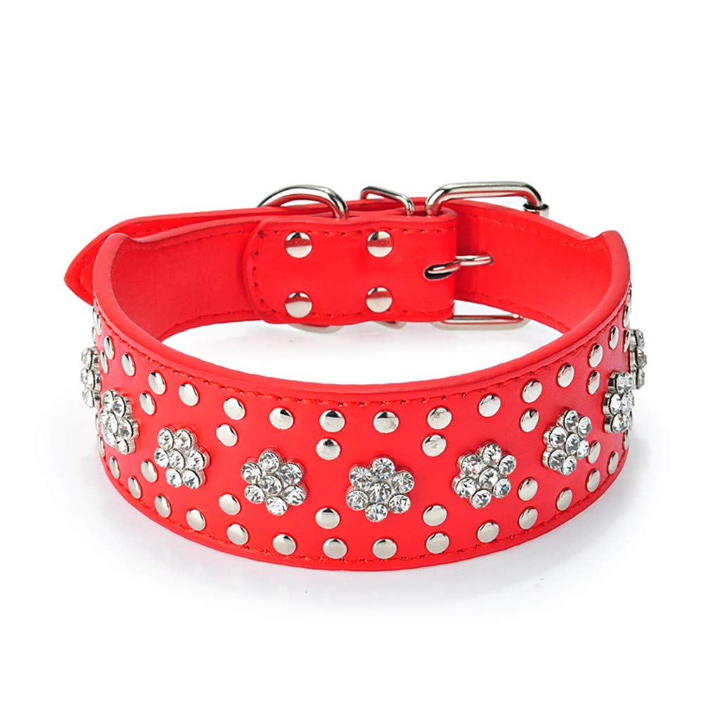 Haoyueer Rhinestones Dog Collars Flower Pattern Rhinestone Studded Leather Sparkly Crystal Diamonds Dazzling Sparkling Elegant Fancy Pu Leather Dog Collar For Medium & Large Dogs(Red,M)