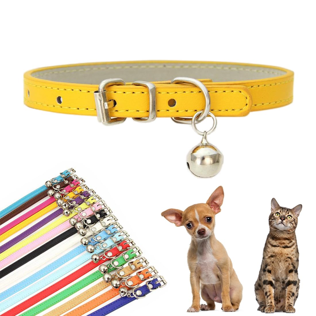 Yellow XXS Dog Collar with Bell, Faux Leather Kitten Collar with Bells Pu Basic Boy Dog Collars for XXS XSmall Small Medium Pet 