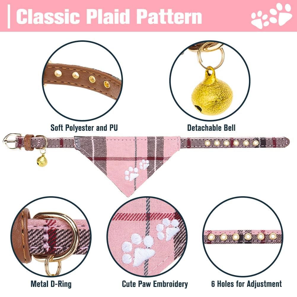 Expawlorer Puppy Collar And Leash Set - Plaid Dog Collar And Leash With Bow Tie And Bandana, Bell, Xs Pink