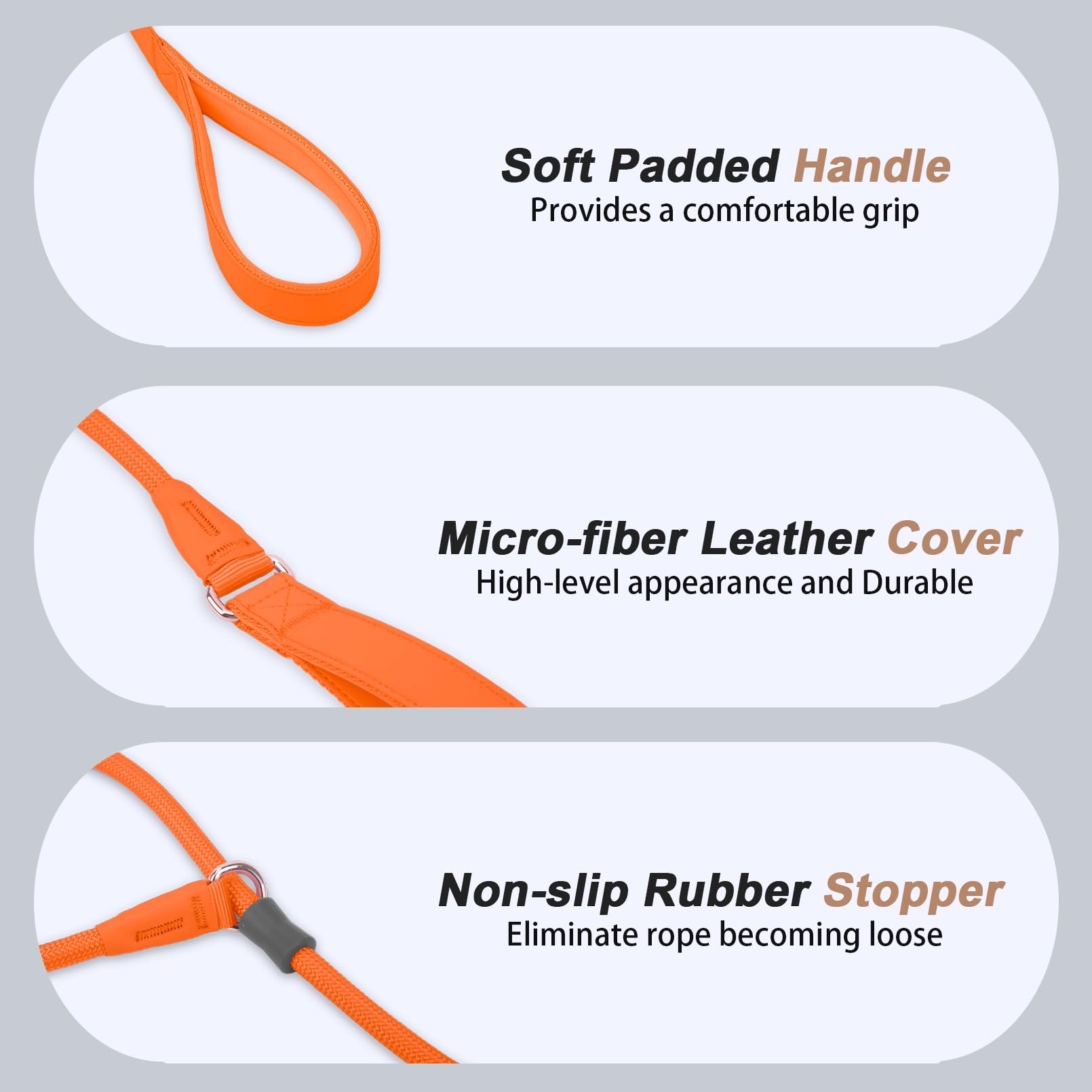 Aaufilux Slip Lead Dog Leash, Double Handle, Soft Leather, Heavy Duty Nylon, No Pull Walking, Medium Large Small Dogs, 5Ft Orang