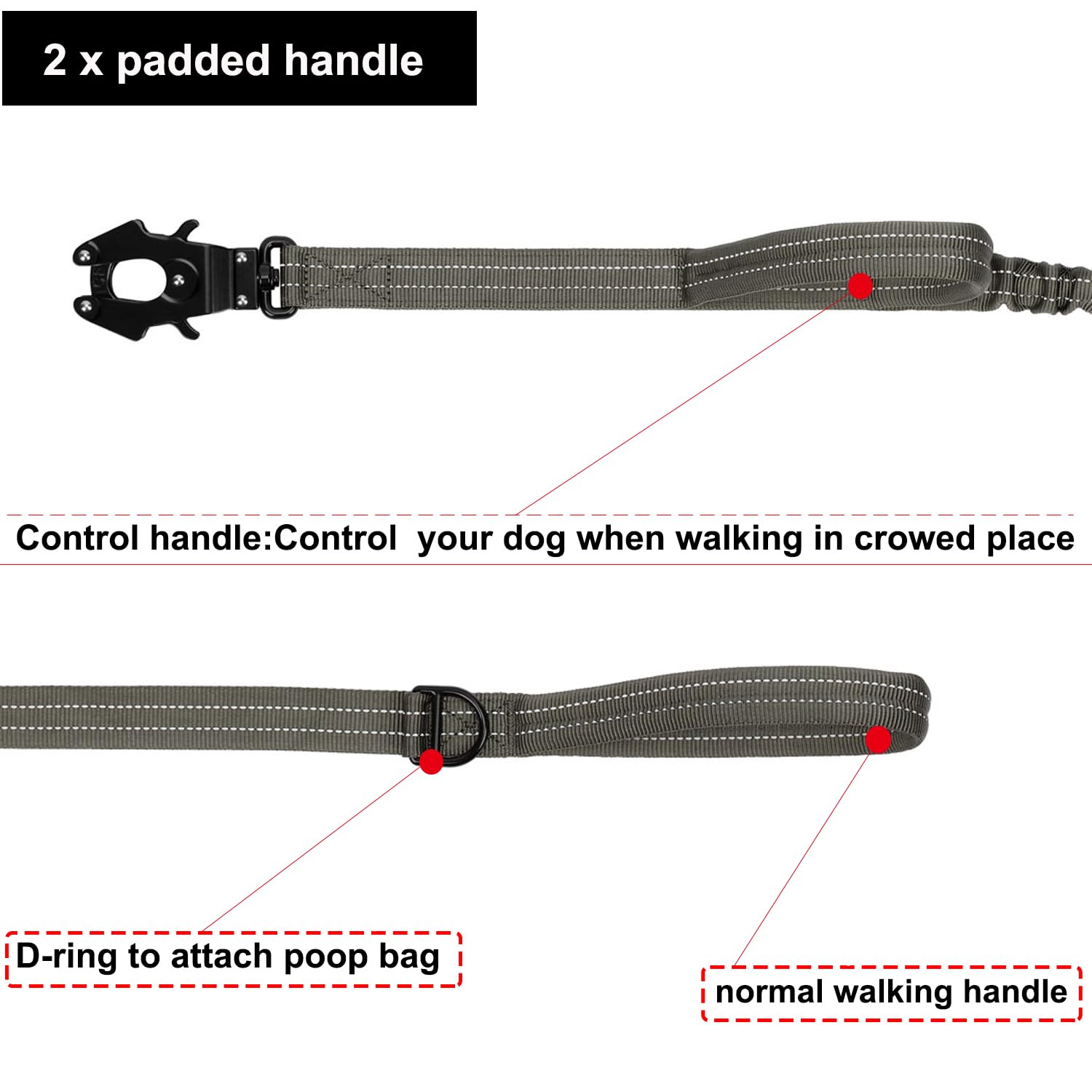 Icefang Tactical Dog Leash,K9 Training Walking Bungee Lead With 2 Control Handle,Heavy Duty Quick Release Metal Clasp,For Medium