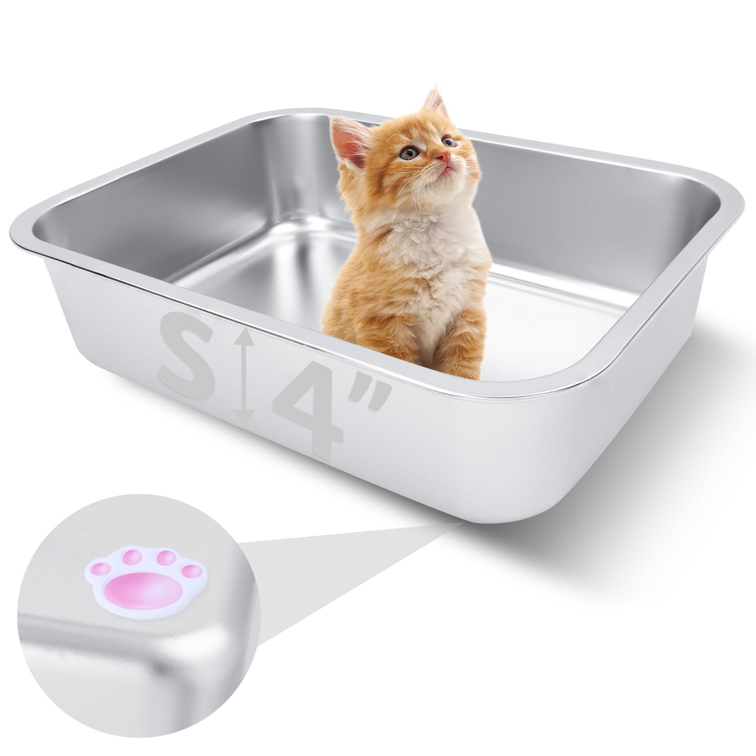 Small Stainless Steel Litter Box for Kittens, 15.5''  11.6''  4'' Metal Litter Box for Kitten Rust-Proof, Non Stick, No Smell, E
