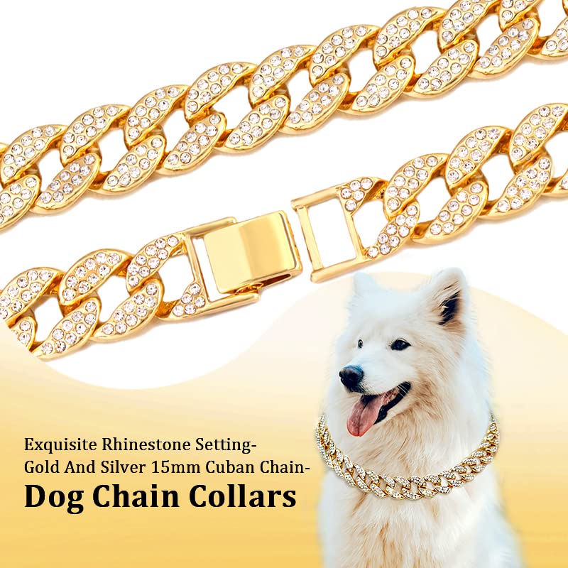 Flatfoosie Gold Dog Chain Collar Diamond Cuban Link Durable Dog Chain Collar For Outside Walking Secure Buckle Dog Gold Chain For Small Medium Large Dogs Cats (22Inch, Gold)