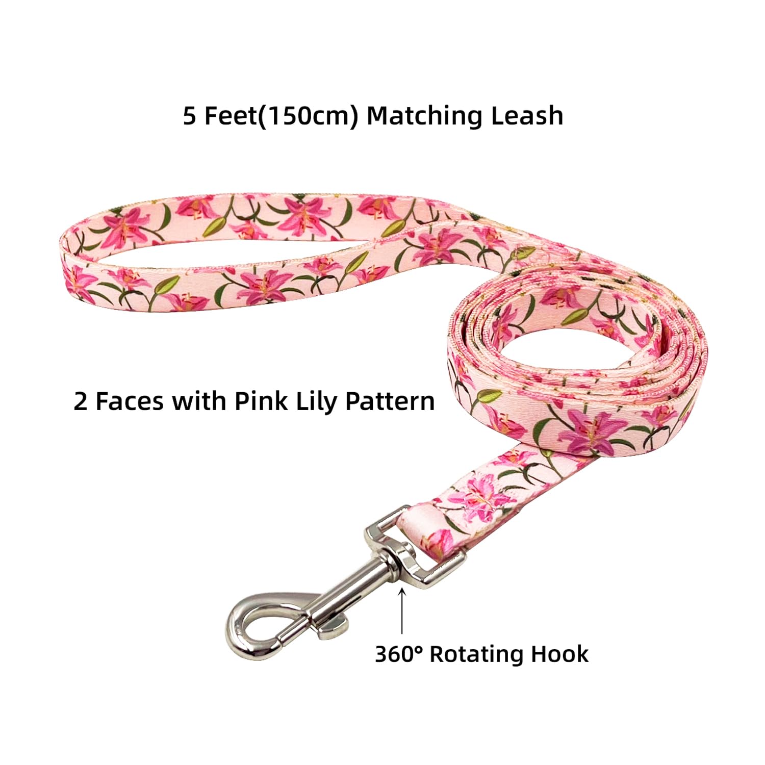 Olahibi Dog Collar And Leash Set, Lily Floral Pattern, Polyester Material, 5Ft Leash, For Small Dogs.(S, Pink Lily)