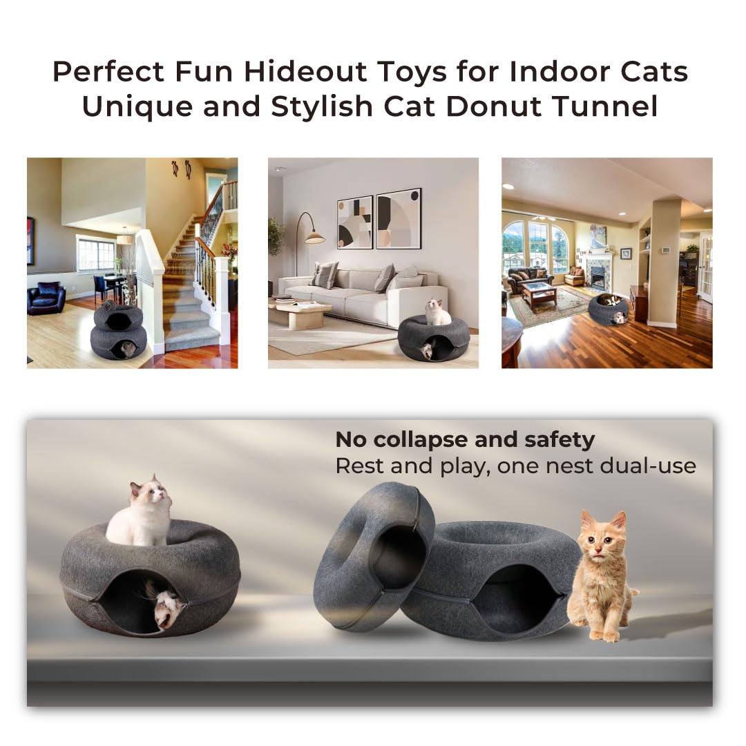 Peekaboo Cat Cave - Detachable Round Felt Cat Cave Bed Fun Playhouse And Resting Cat Donut Tunnel For Kittens, Cats, And Small P