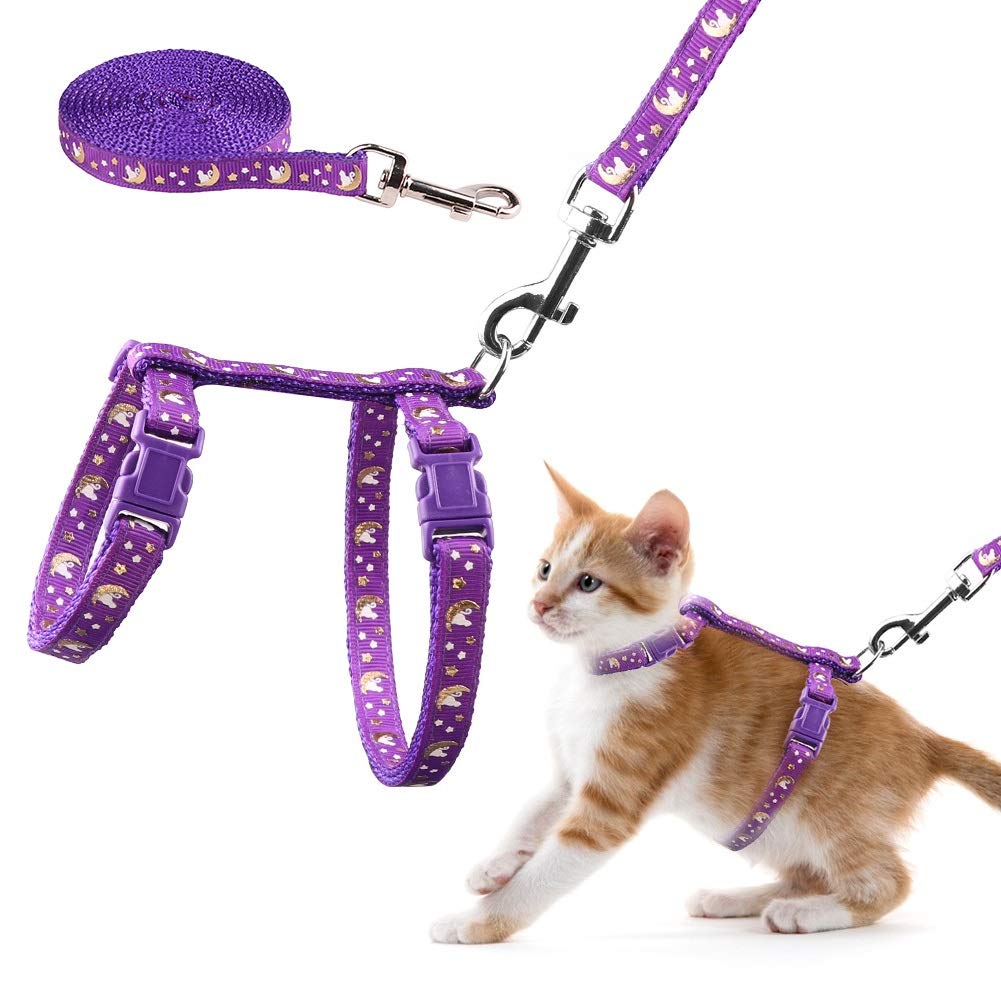 Cat Harness And Leash Set Gold Moons Soft Nylon Escape Proof Adjustable For Kittens Small Animals Glow In The Dark(Purple)