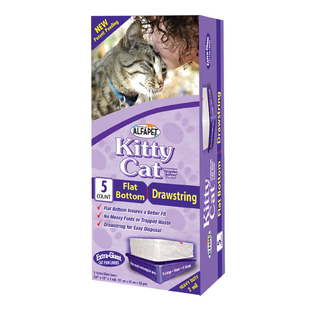Alfapet Cat Litter Box Liners Extra Large-1 Box- Heavy Duty 2 Mil Thick Plastic, Clever Drawstring Liner For Easy Disposal- Flat Bottom For Easy, Secure Placement In Kitty Pan-Disposable