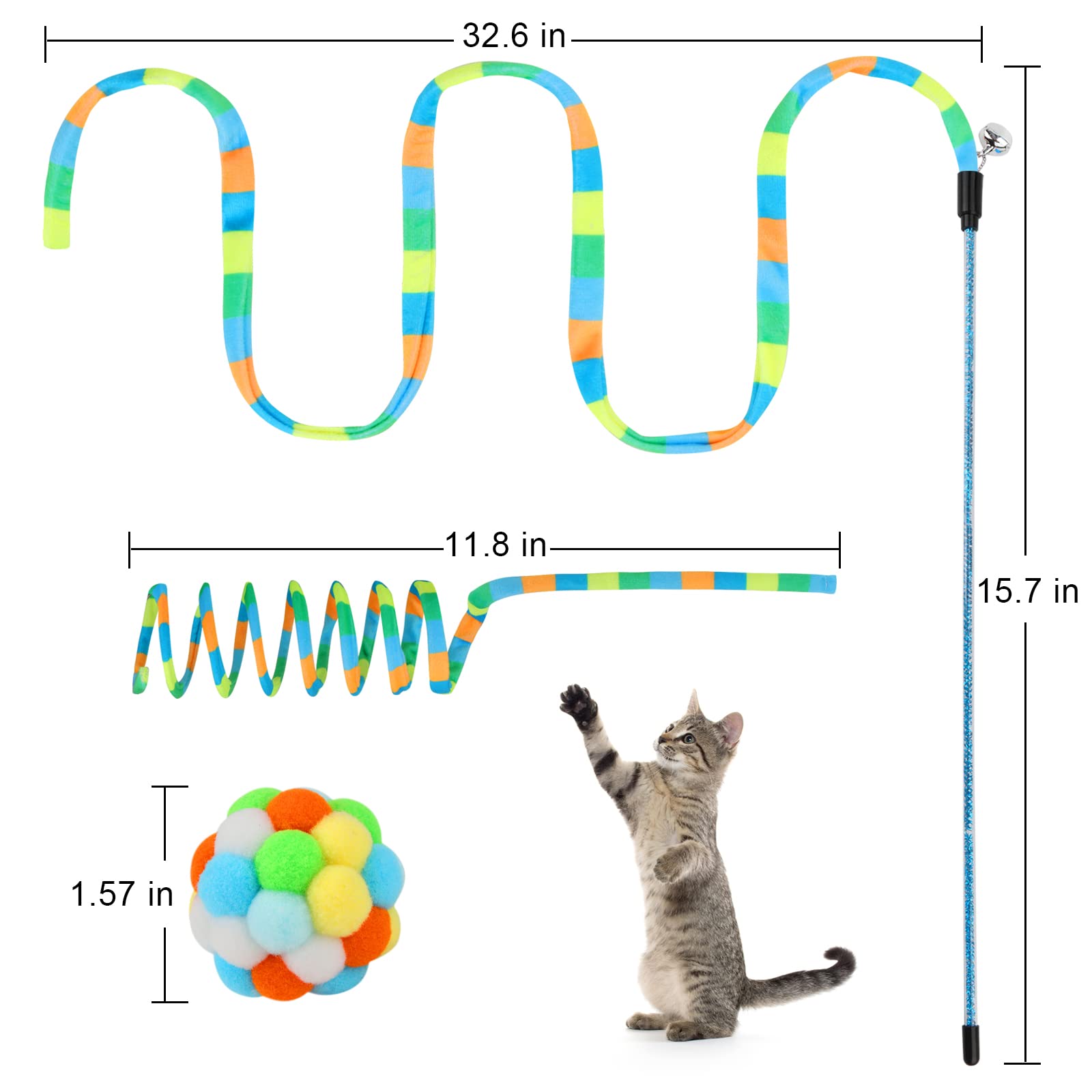Tusatiy 3-Pack Cat Wand Toy With Fuzzy Balls, Bells & Springs - Rainbow Color Interactive Toys For Indoor Cats And Kittens (Rain