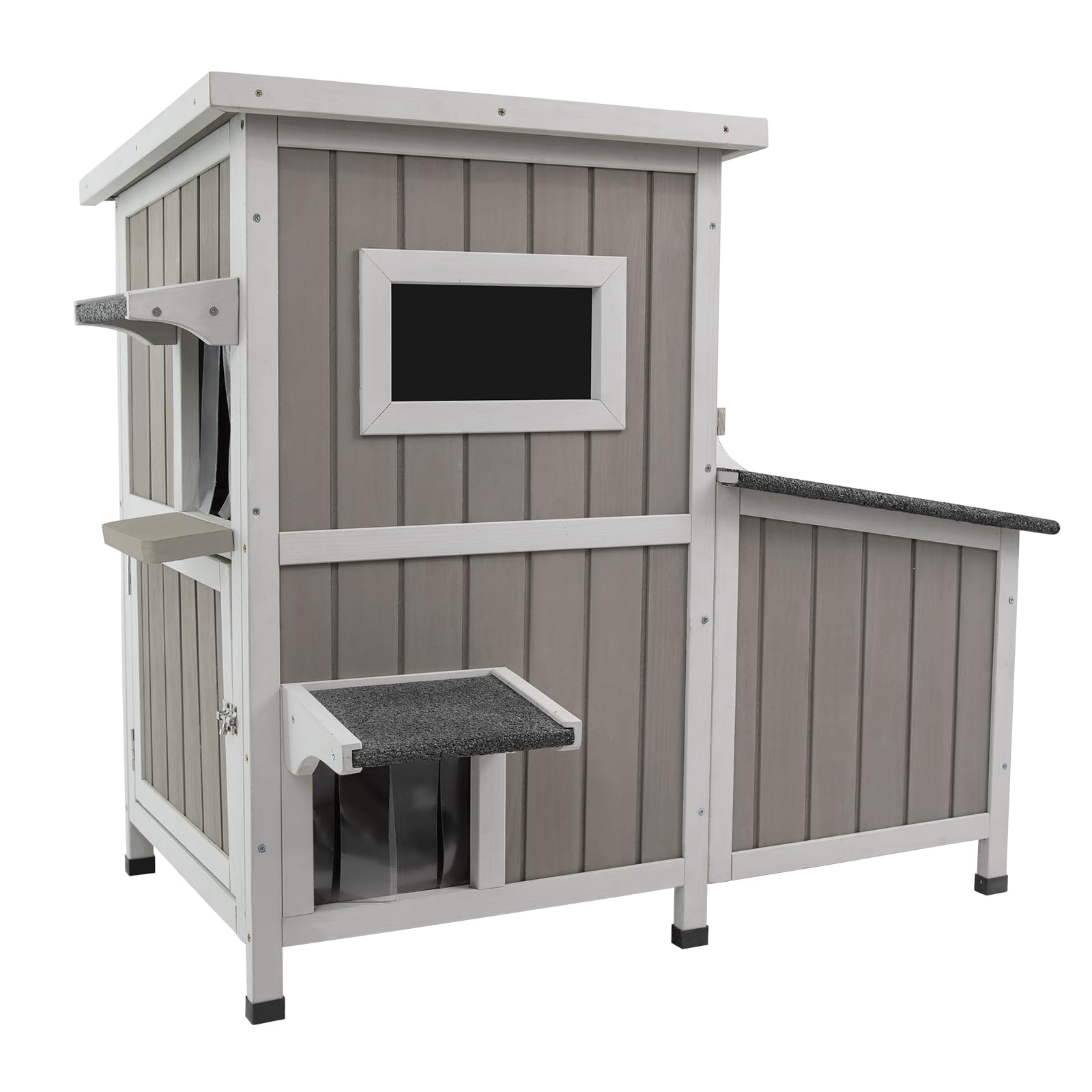 Cat House Outdoor Cat Shelter For 2-3 Feral Cats Two Story Wooden Cat Houses For Outside Cats Weatherproof In 3 Rooms,With Asphl