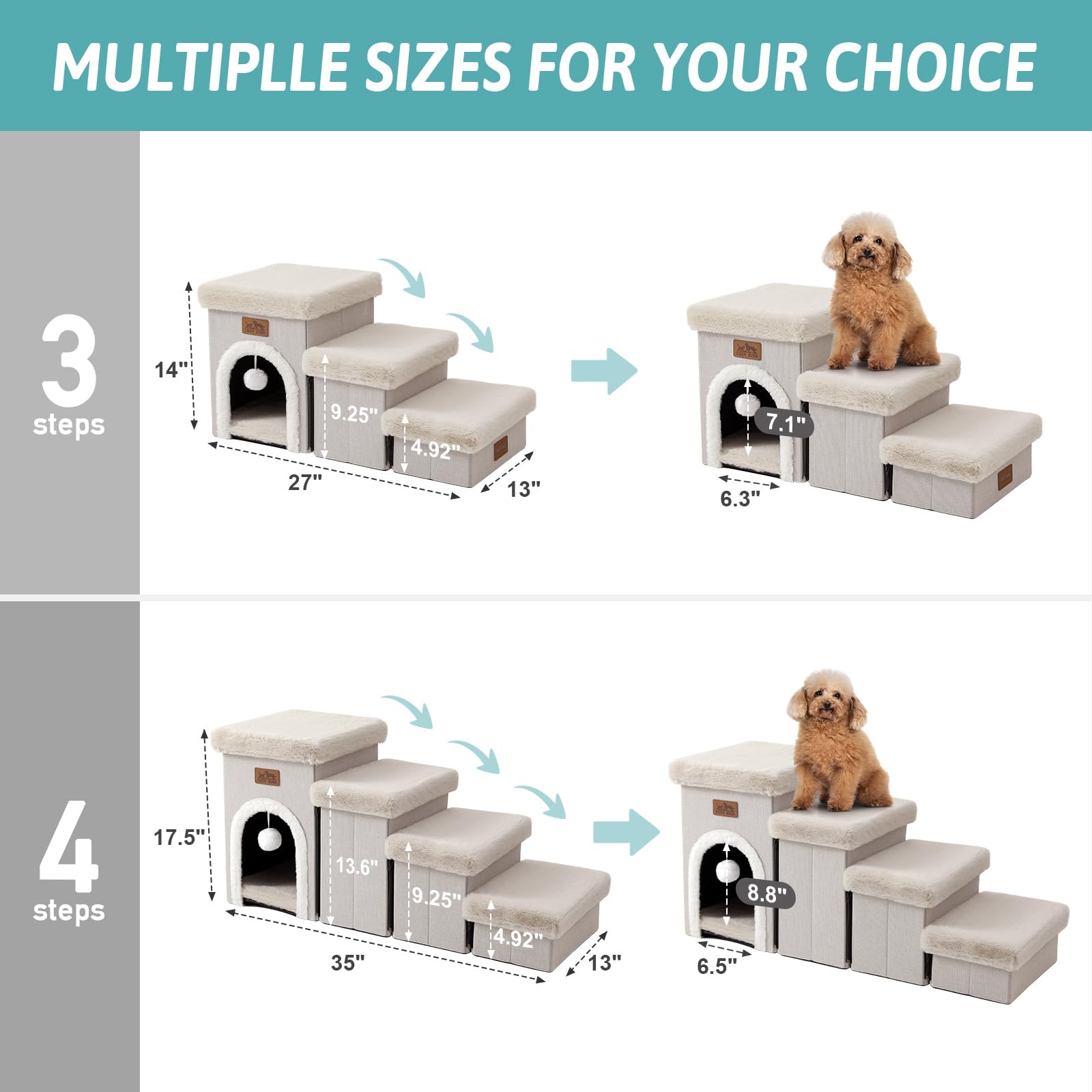 COZY KISS Dog Stairs for Small Dogs with Storage and Condo, 17.5'' H Foldable Pet Stairs for Small Medium or Puppy Dogs and Olde