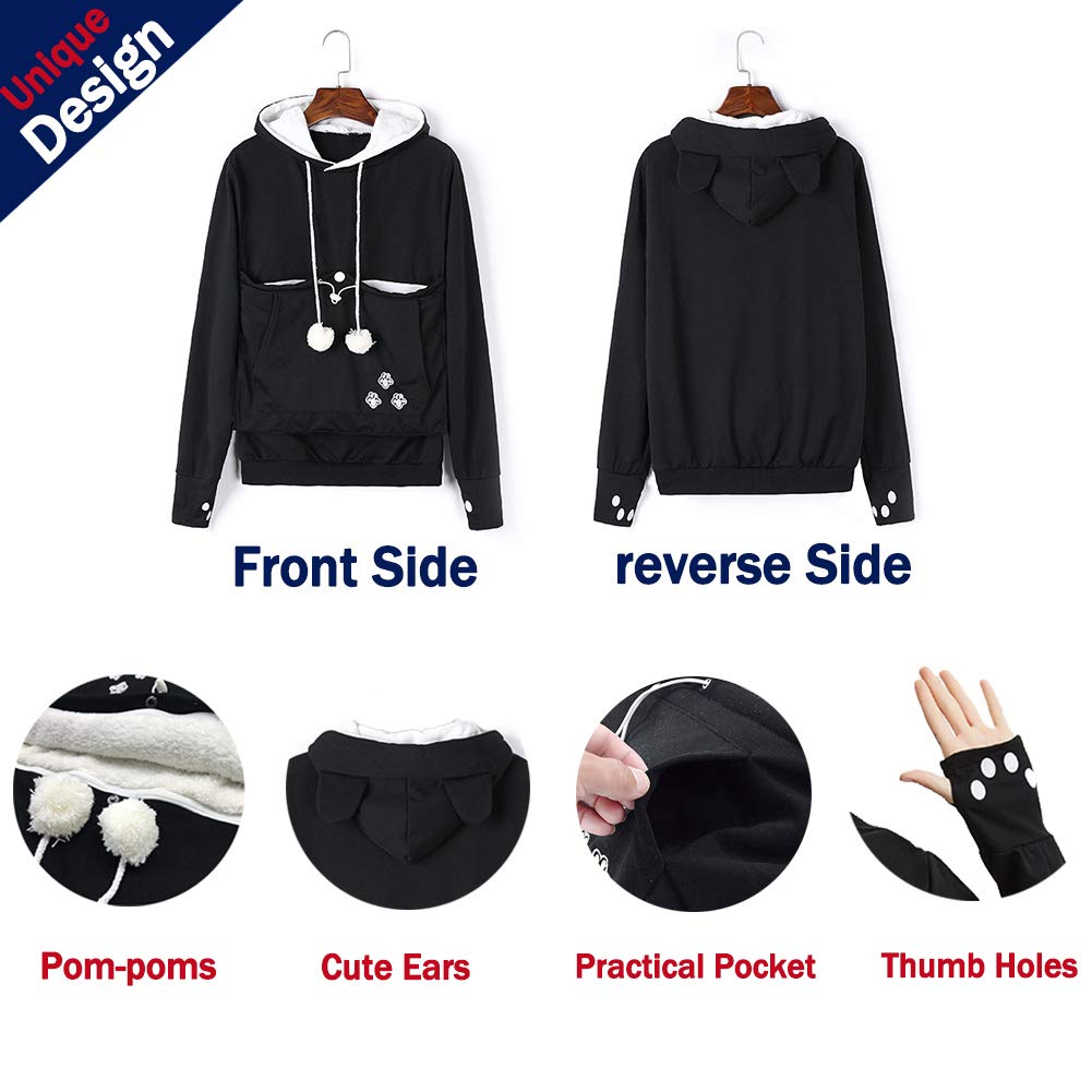 Felyong Unisex Pet Carrier Hoodie Cat Dog Pouch Holder Sweatshirt Shirt Top M Black