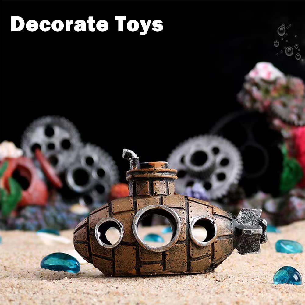 Kakalote Fish Tank Decorations, Resin Hollow Submarine Fish Tank Decorations, Fish Broken Barrel Decor Aquarium Shrimp Hideout A
