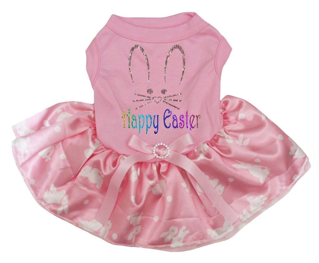 Petitebella Bunny Face Happy Easter Puppy Dog Dress (Pink/Pink Bunny Dots, Small)