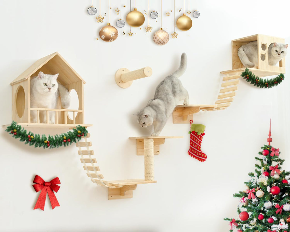 Cat Wall Shelves 9Pc, Wall Mounted Cat Climbing Shelves, Wooden Cat Furniture With 2 Condo Houses, 3 Perches, 2 Bridge Ladders A