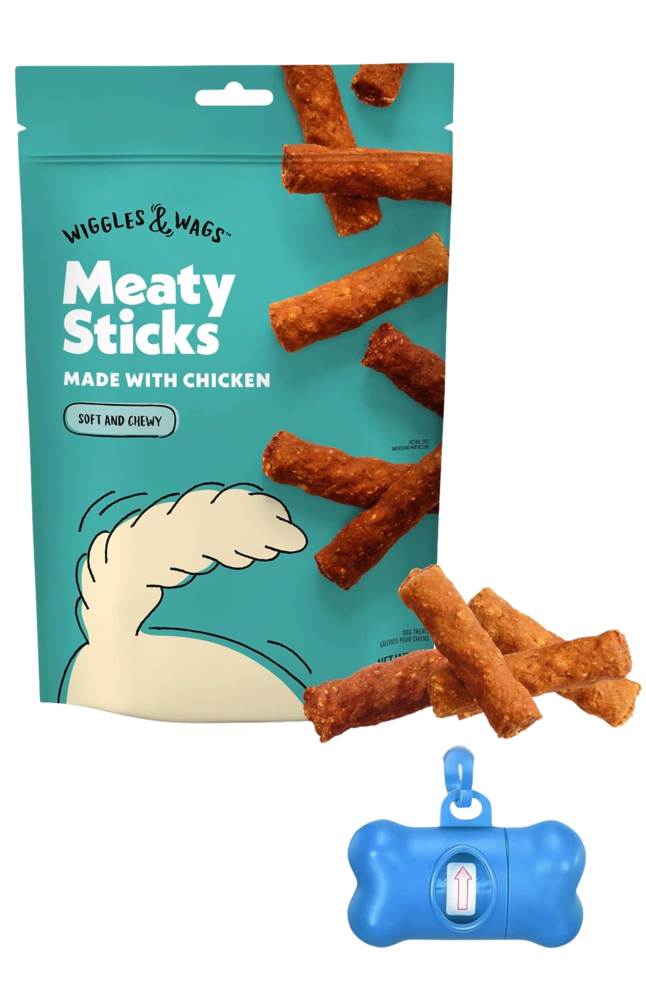 Wiggles & Wags Meaty Sticks Chicken Dog Treats, 16 oz, with DN Essentials Bone Shaped Waste Bag Dispenser & Roll