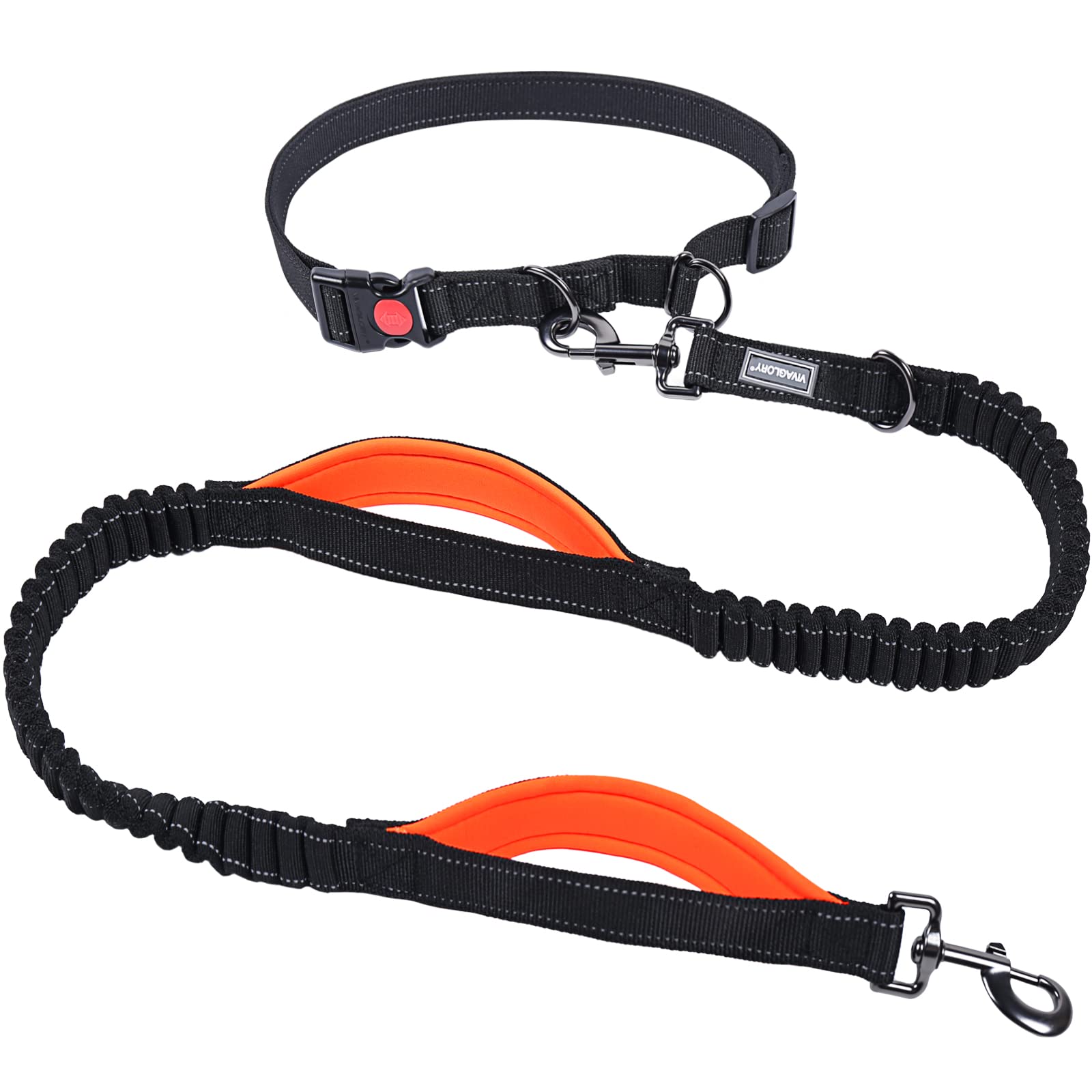 Vivaglory Hands Free Dog Leash With Dual Advanced Anti-Shock Bungees And Padded Handles, Reflective Waist Running Leash With Adjustable Belt For Training Jogging For Medium Large Dogs, Black/Orange