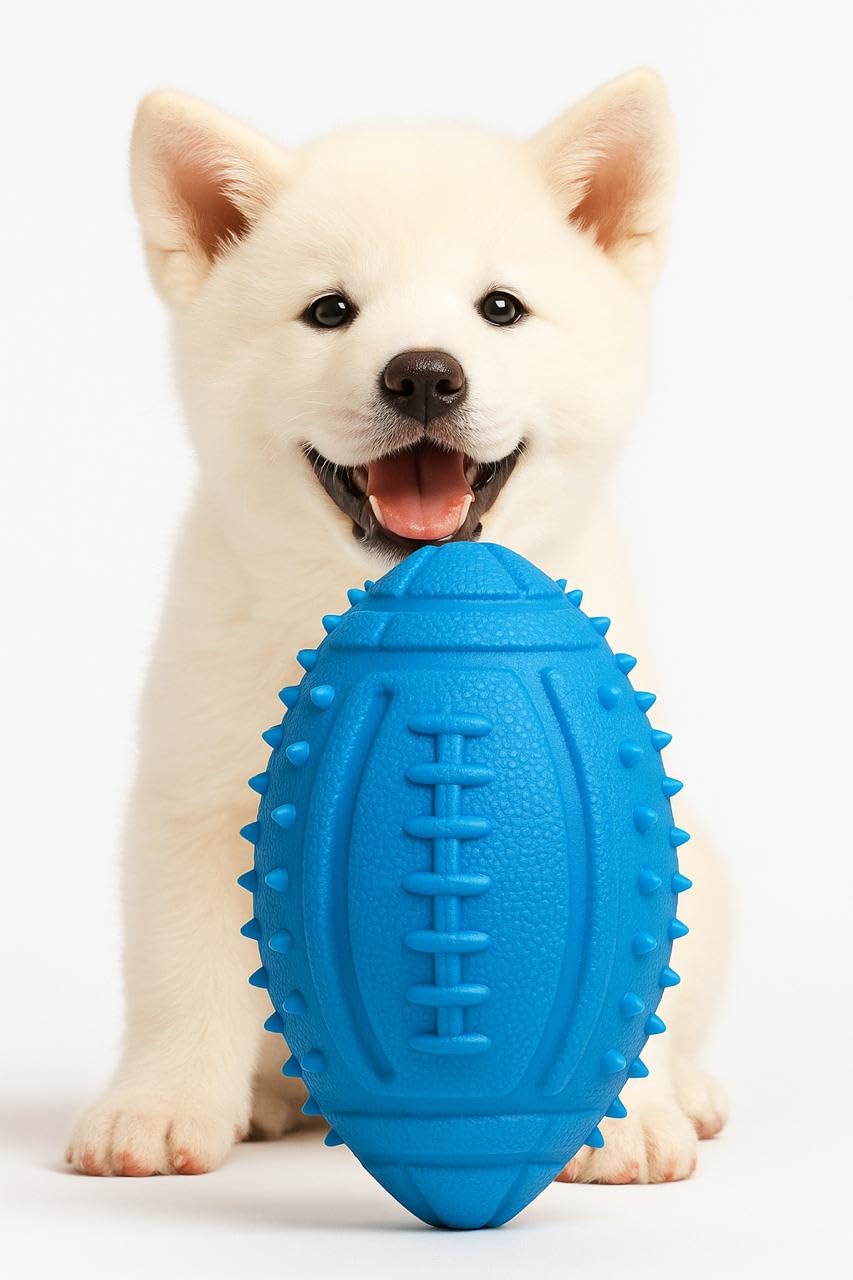 WAGGYTAILS Premium Royal Ocean Blue Squeaky Dog Ball (Made in U.K) Spiked Rubber Chew Ball for Dental Cleaning, Interactive Fetc